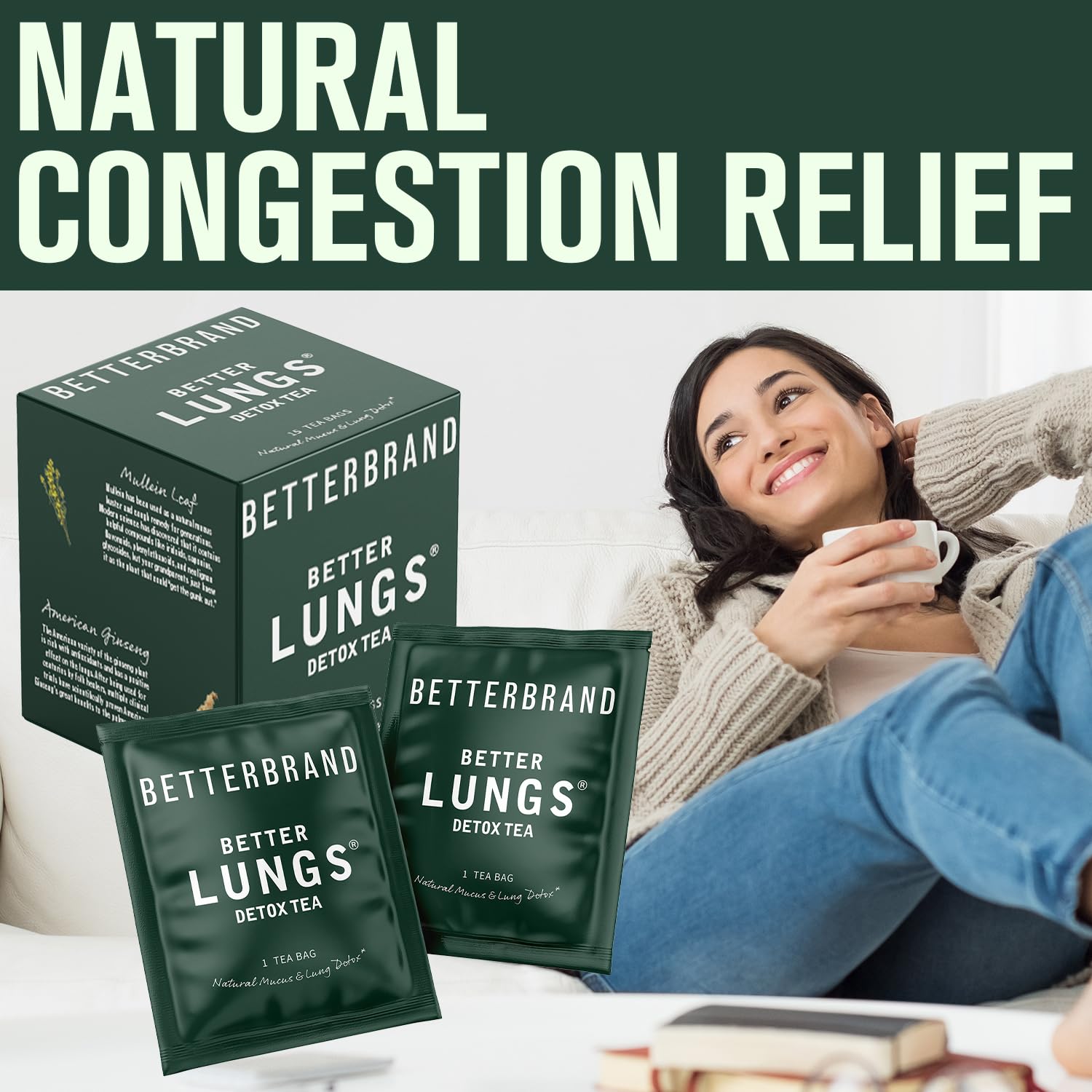 Betterbrand BetterLungs Detox Tea - Organic Herbal Tea for Respiratory Support & Lung Cleansing | Mullein Leaf Blend for Healthy Breathing & Wellness | Caffeine-Free, Non-GMO | 15 Tea Bags | Perfect for Allergy Season, Smokers & Urban Living