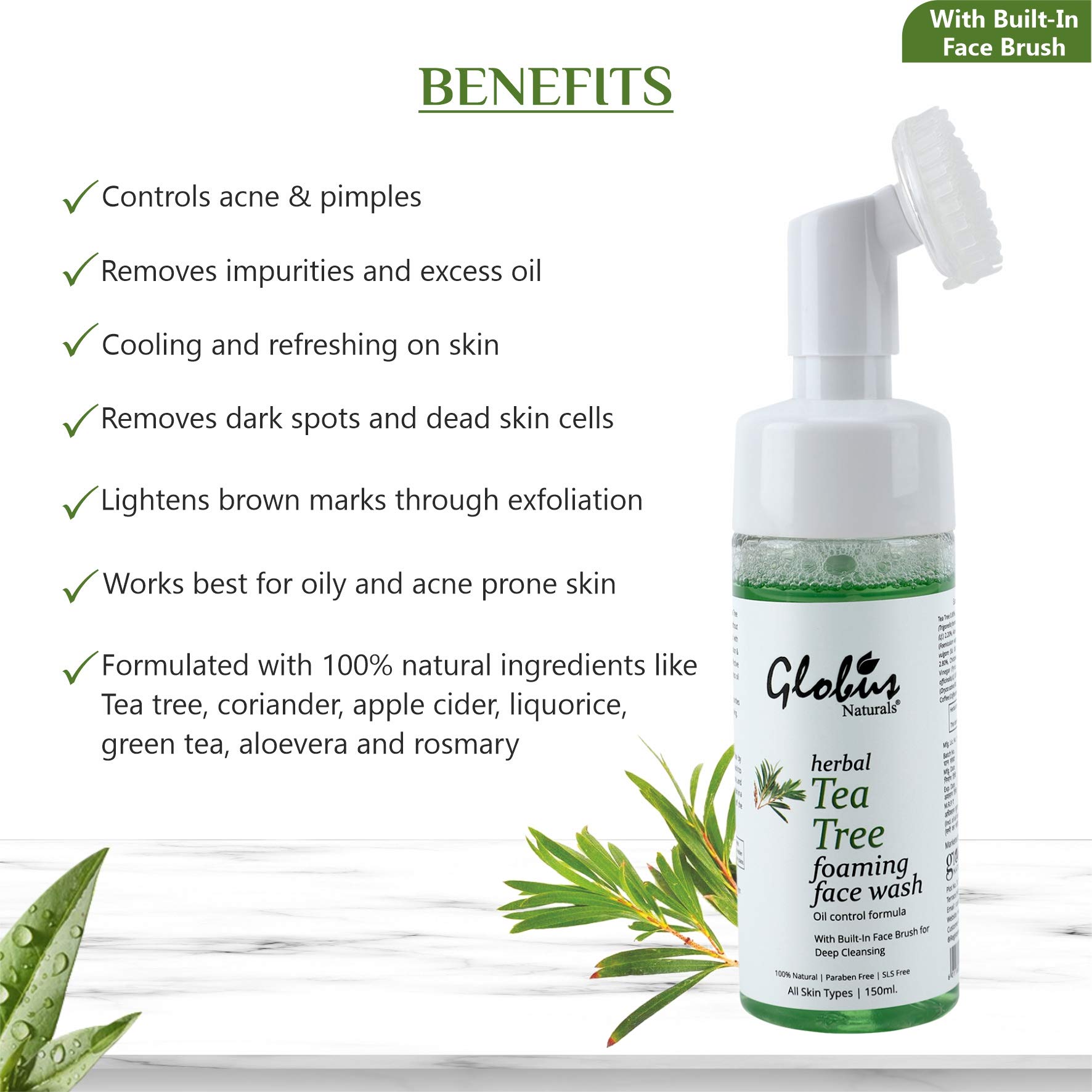 Globus Naturals Tea Tree Acne Control Foaming Face Wash with Silicone Face Massage Brush 150ml - Deep Cleansing for Oily & Acne-Prone Skin | Perfect for Daily Skincare Routine