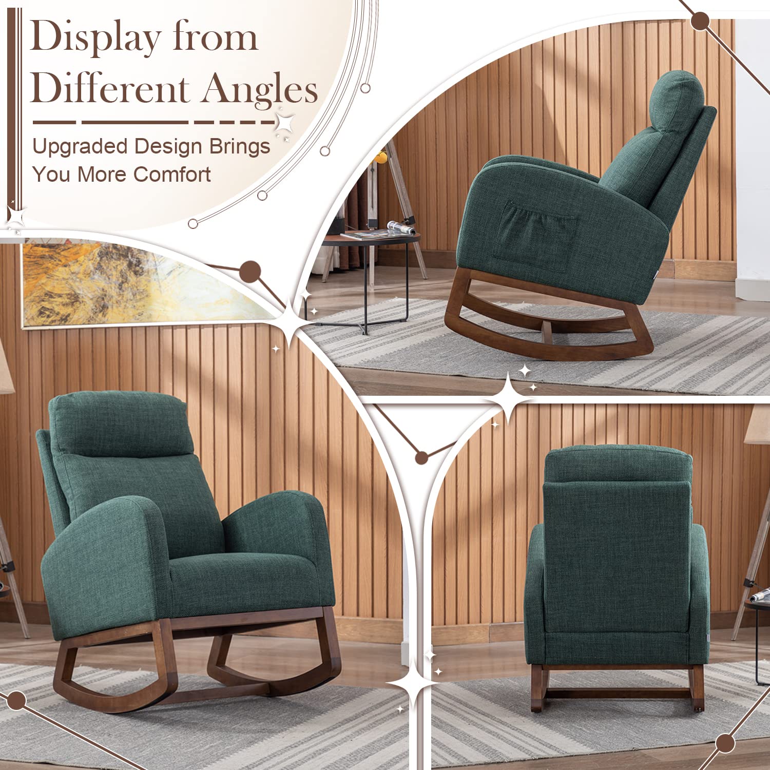 Antetek Modern Upholstered Rocking Chair - Nursery Glider Rocker with Side Pocket, High Back Headrest Design - Comfortable Armchair for Living Room, Bedroom & Nursery (Green) - Perfect for Breastfeeding, Reading & Relaxing