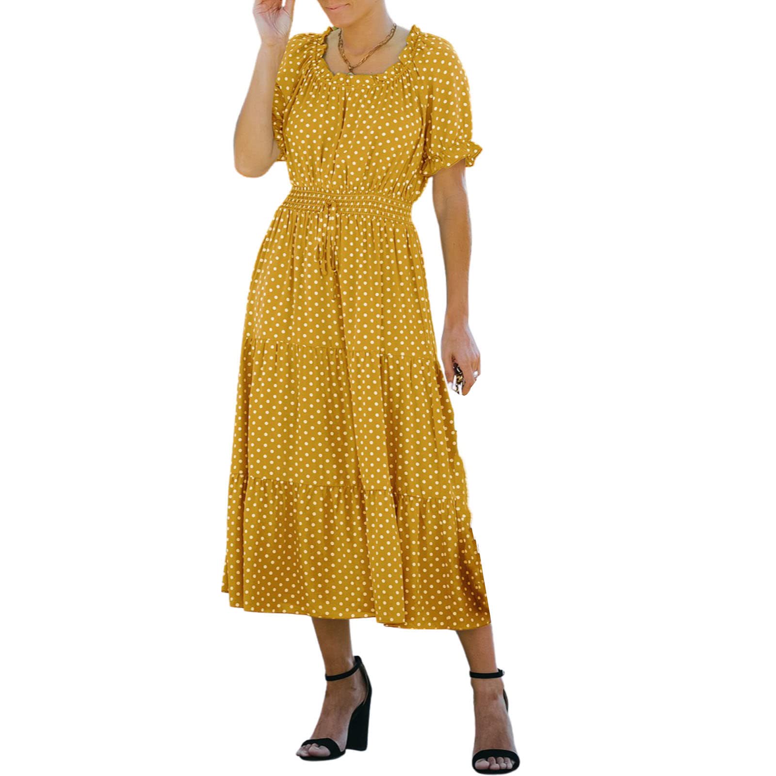 Elegant Women's Polka Dot Tie Waist Dress - Short Sleeve Ruffle Pleated Flowy Midi Dress for Casual Street Wear & Summer Outings - Perfect for Brunch, Date Nights and Office Attire