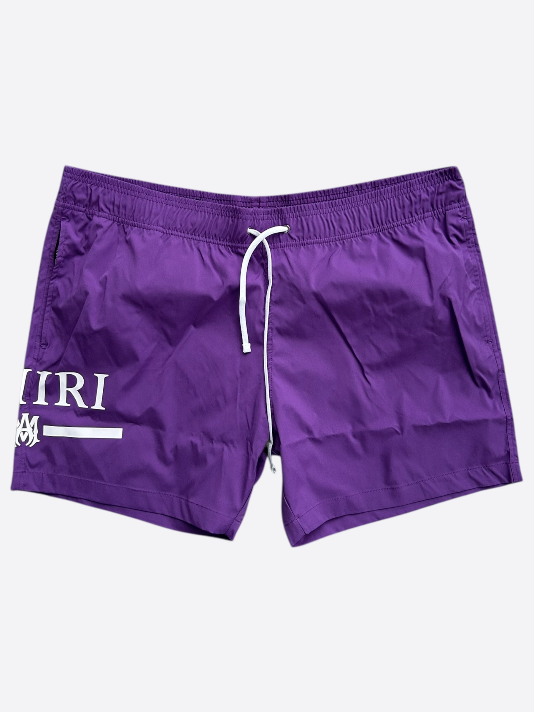 Amiri Purple & White MA Bar Logo Swim Shorts for Men - Stylish Beachwear & Poolside Comfort for Summer Vacations