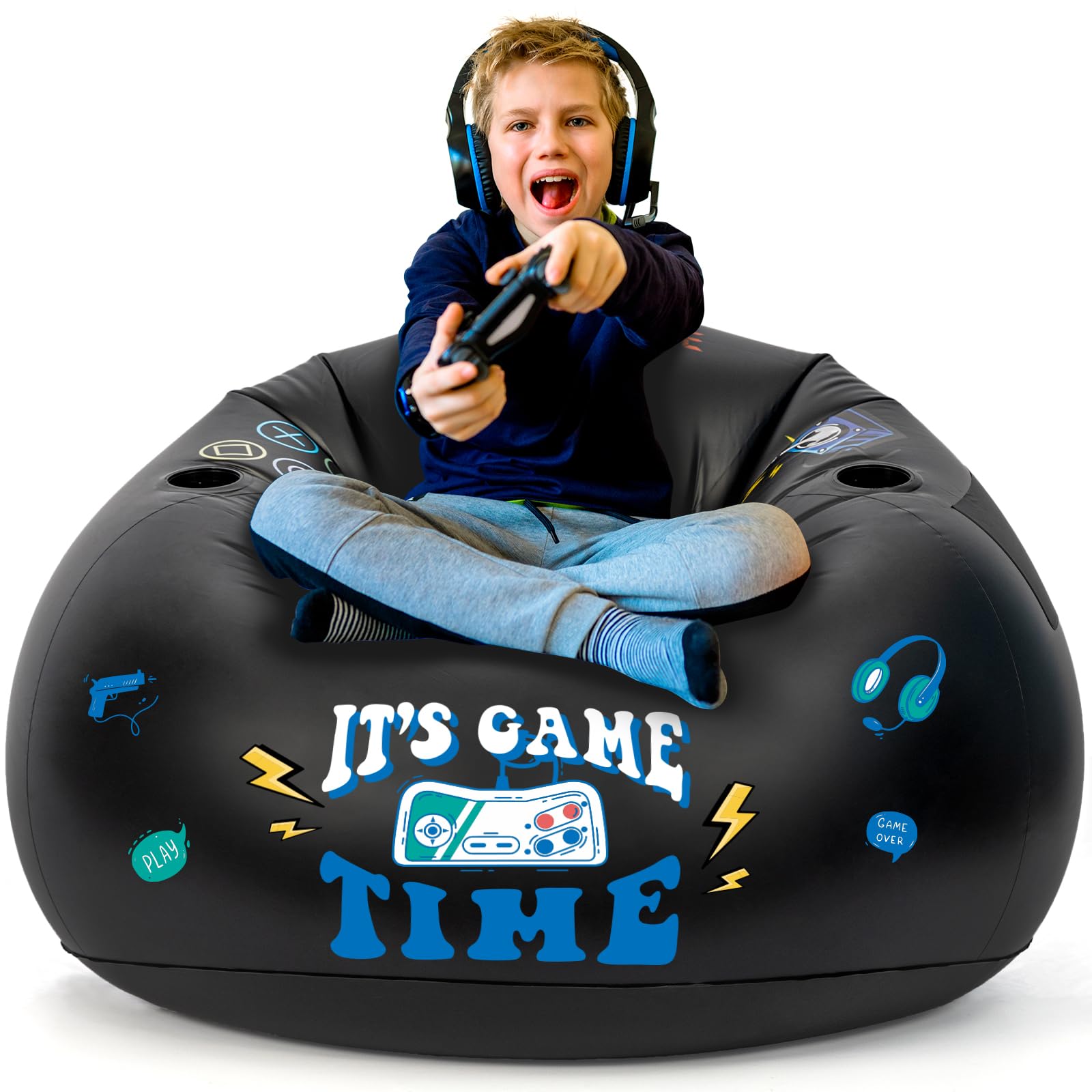Inflatable Gaming Chair for Kids & Teens - Portable Floor Bean Bag Chair with Cup Holder & Side Pocket | Boys Room Furniture, Gaming Couch for Bedroom Decor | Perfect for Video Games, Movie Nights & Sleepovers