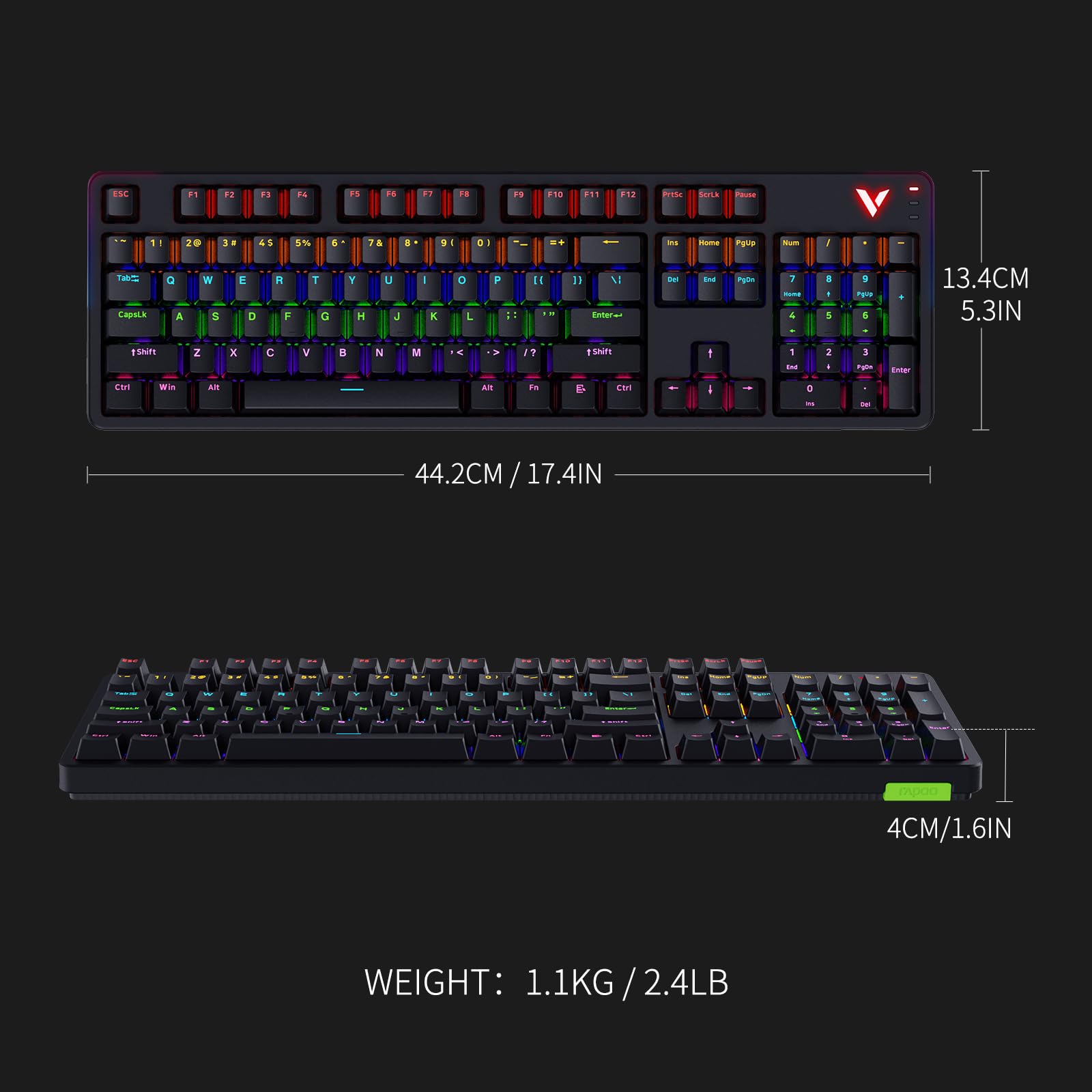 RAPOO V500Pro Full-Size Mechanical Gaming Keyboard - 104 Keys with Anti-Ghosting, Customizable RGB Backlight, Brown Switches, USB-C, Durable Design for PC Gamers - Perfect for Esports, Streaming & Office Work (2024 Edition)