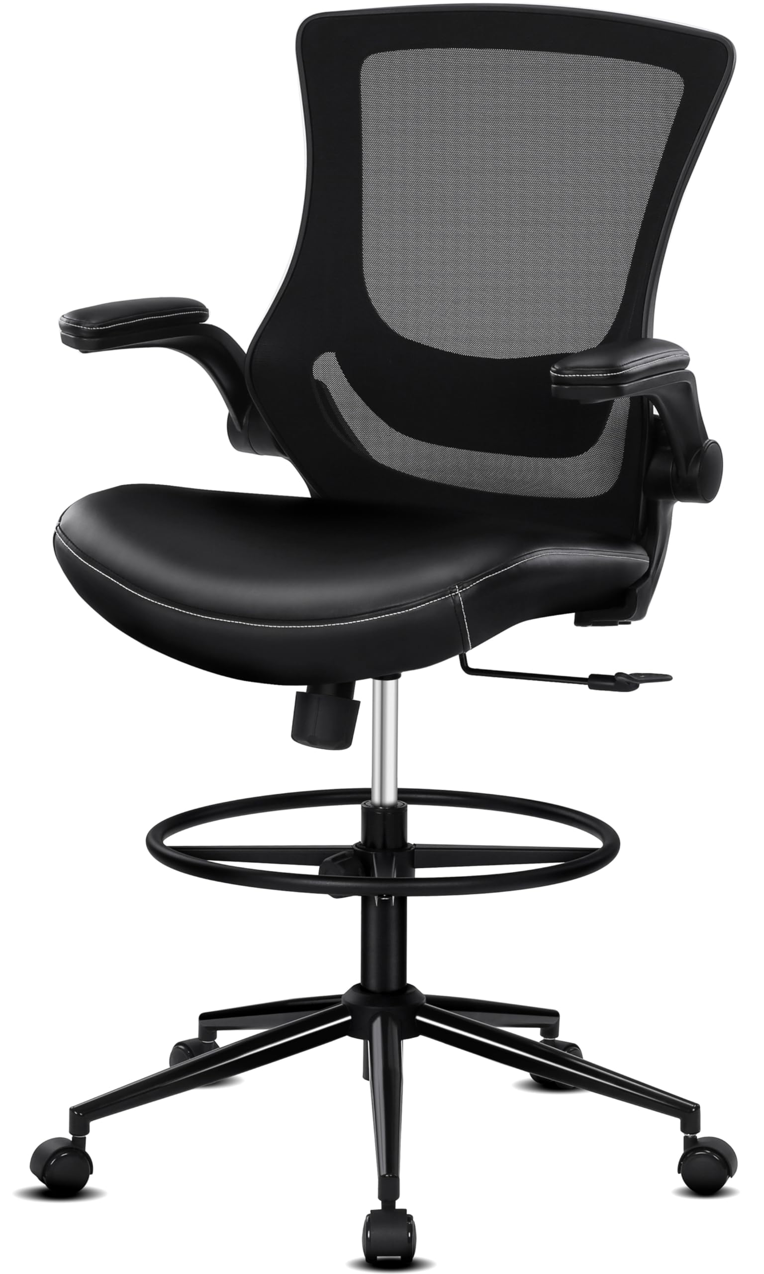 Misolant Adjustable Height Office Chair for Standing Desk - PU Leather Drafting Chair with Foot Ring, Reclining Back & Lumbar Support - Ergonomic Tall Chair for Home Office, Gaming & Computer Workstations
