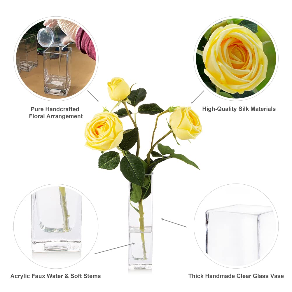 ENOVA FLORAL Artificial Silk Rose Flowers Arrangement in Vase - Realistic Fake Roses with Faux Water for Home Decor, Wedding Centerpieces, Dining Table Decorations (Yellow)