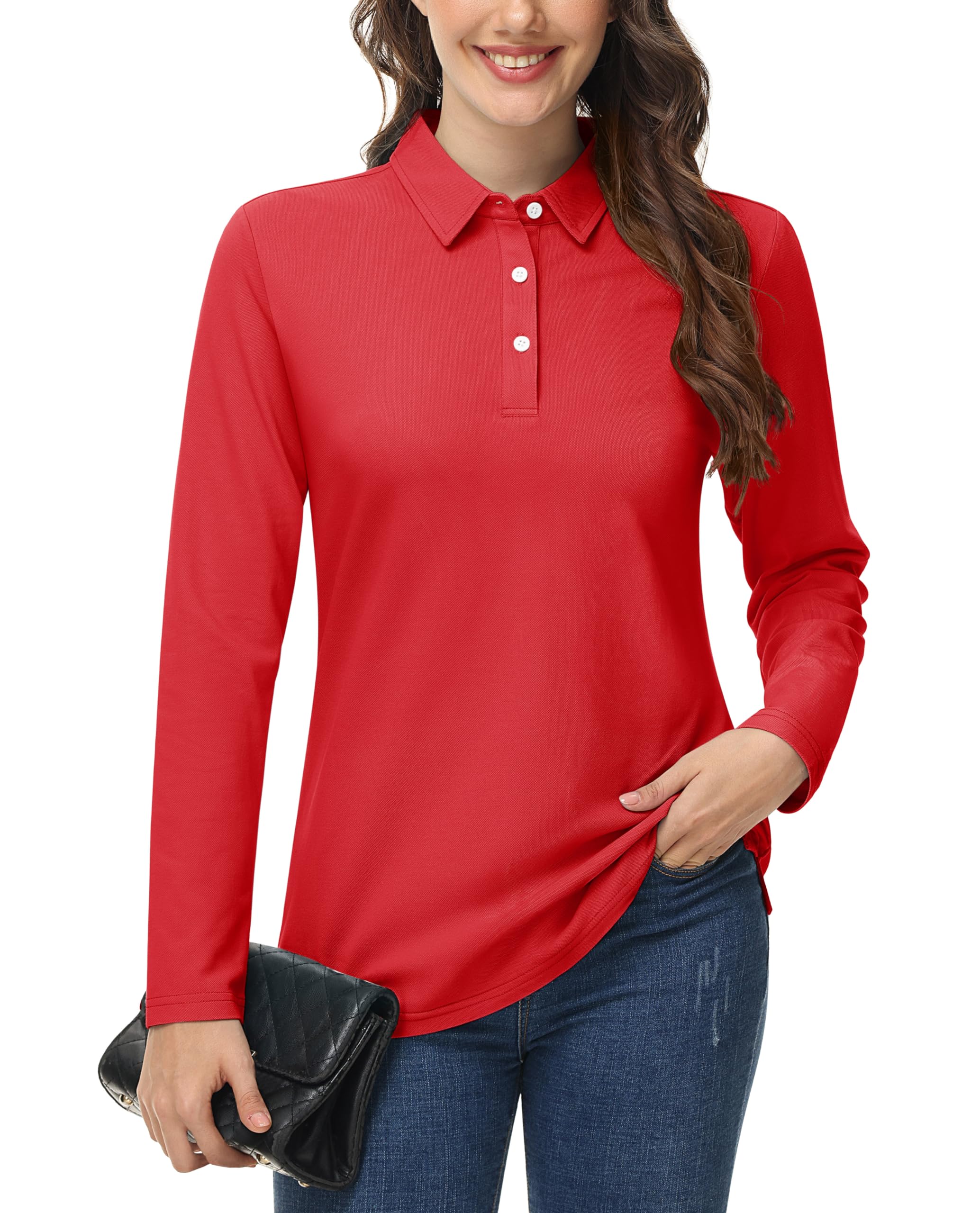 Women's Long Sleeve Polo Shirt - 3-Button Cotton Business Casual Top with Moisture Wicking Technology | Perfect for Office Wear, Golf Outings & Everyday Comfort