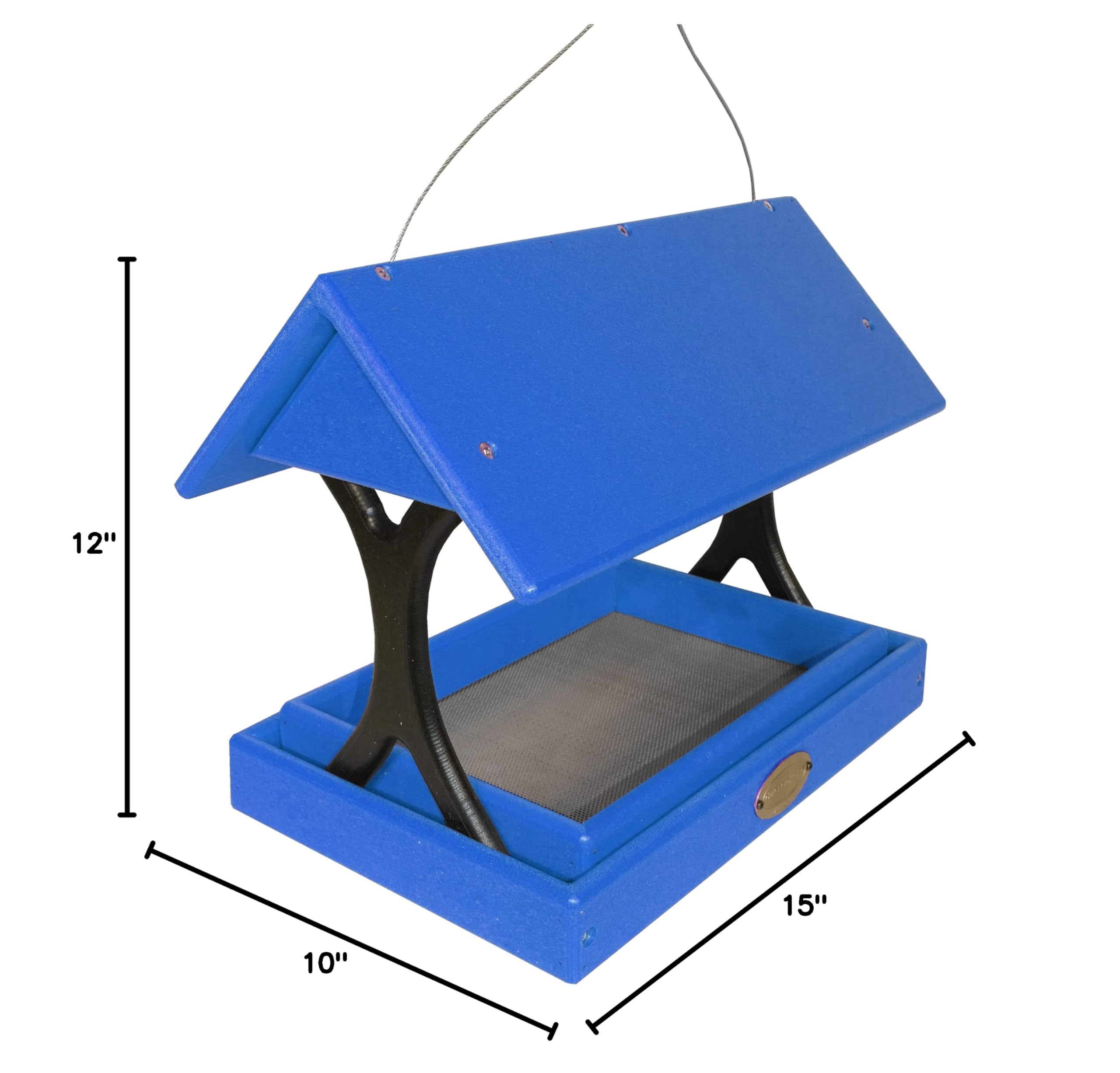 Amish-Made Poly Plastic Fly-Through Bird Feeder with Removable Tray - Covered Mesh Design for Wild Birds (Bright Blue & Black) | Perfect for Backyard, Garden & Outdoor Bird Watching