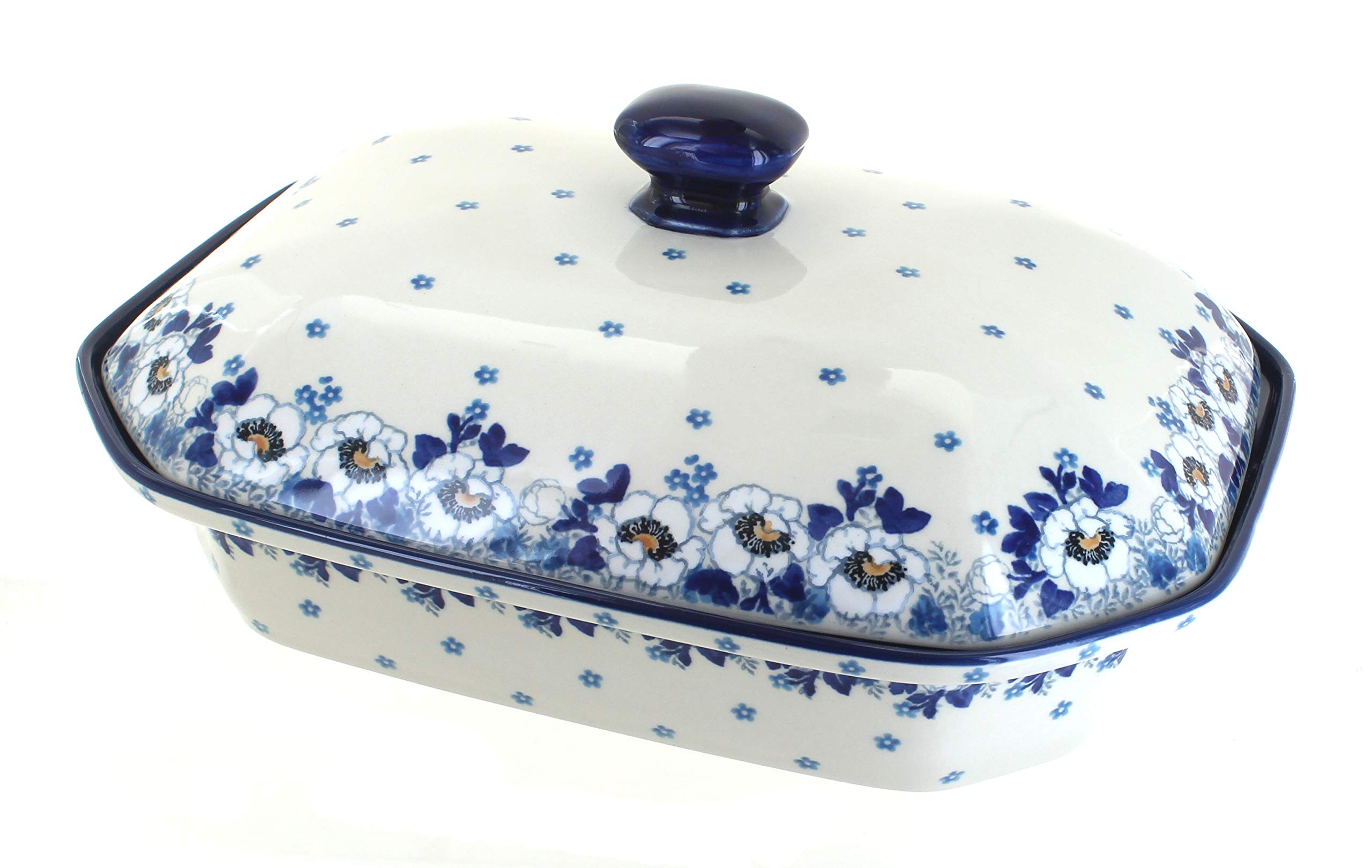 Blue Rose Polish Pottery Georgia Blue Large Covered Baker - Handmade Ceramic Casserole Dish for Baking, Serving & Decor - Perfect for Oven, Stovetop & Dinner Parties