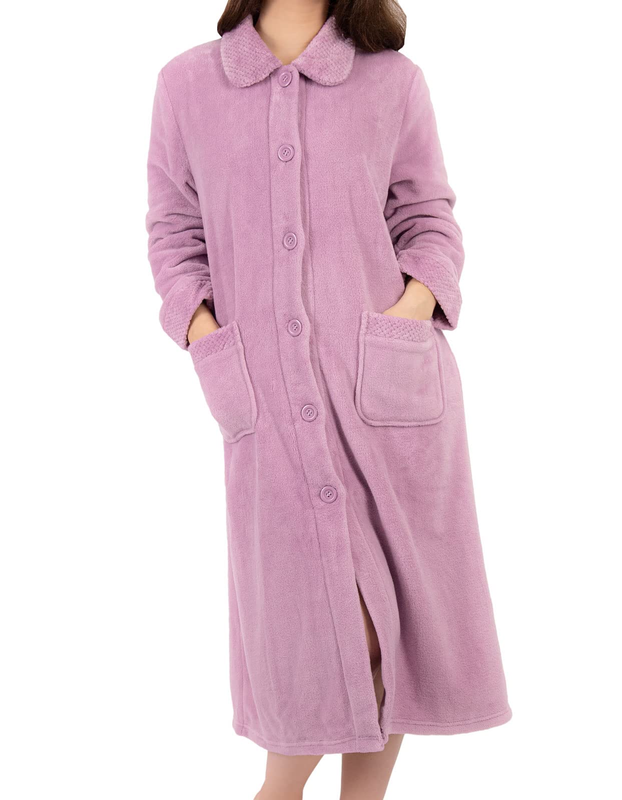 Women's Coral Fleece Button Up Bathrobe with Waffle Texture - Soft & Cozy Dressing Gown for Spa, Lounge & Relaxation (Sizes Small to XXXL)