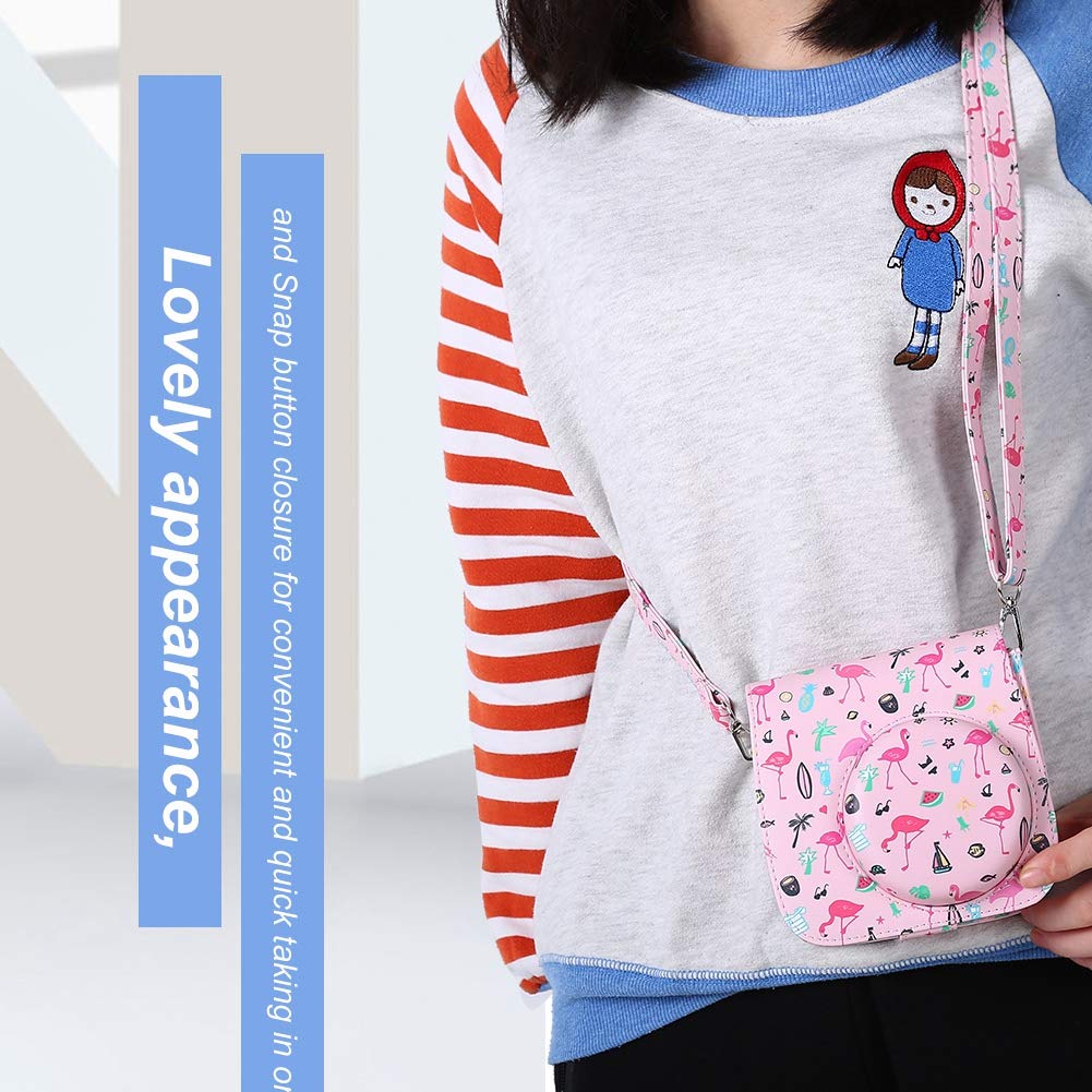 ANGGREK Flamingo Pattern PU Leather Camera Case Bag with Strap - Protective Pouch for Fujifilm Mini 8/8+/9/9+ & Instant Cameras - Perfect for Travel, Parties & Everyday Photography