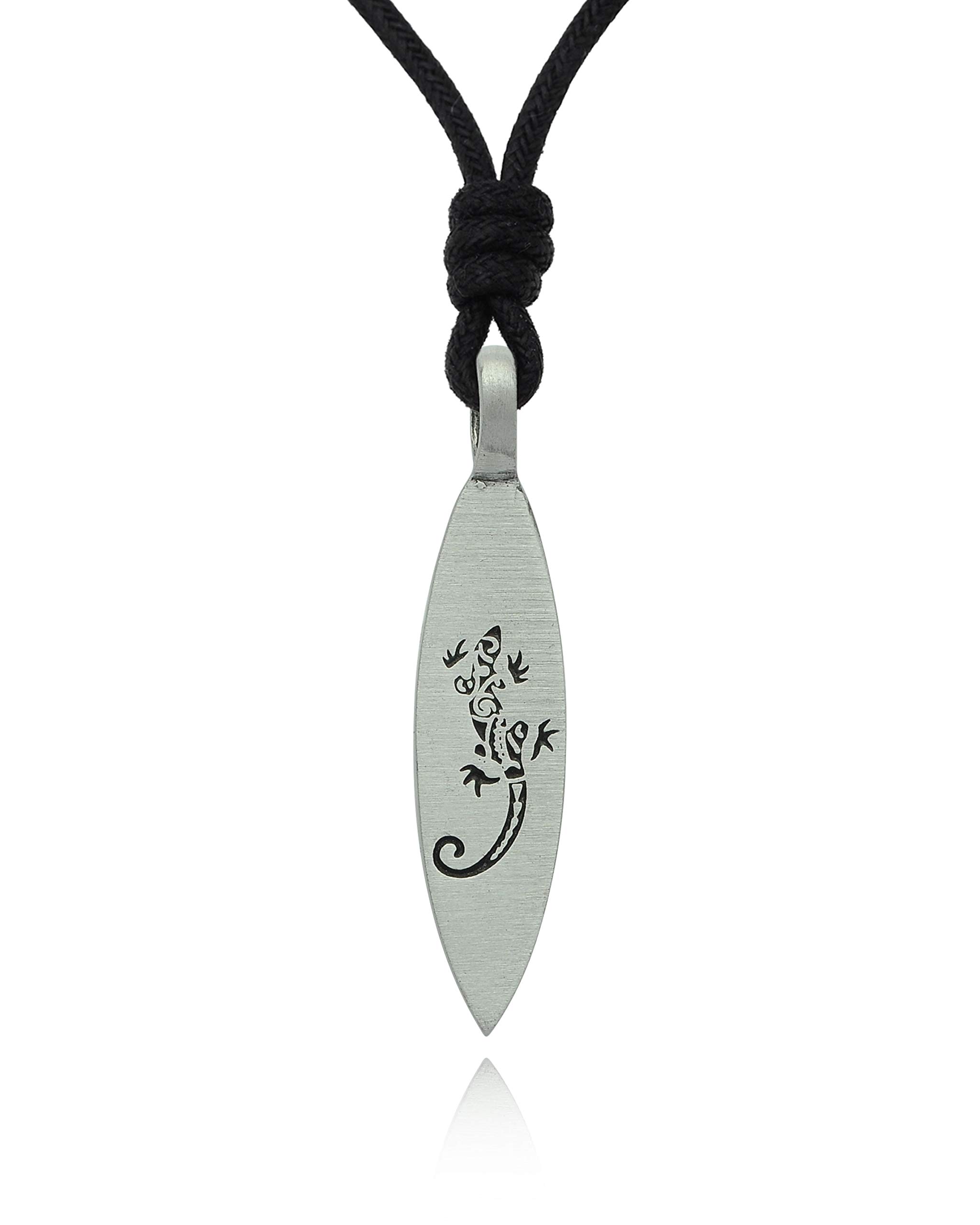 Lizard Art Surfboard Silver Pewter Charm Necklace Pendant - Bohemian Beach Jewelry for Surfers & Ocean Lovers