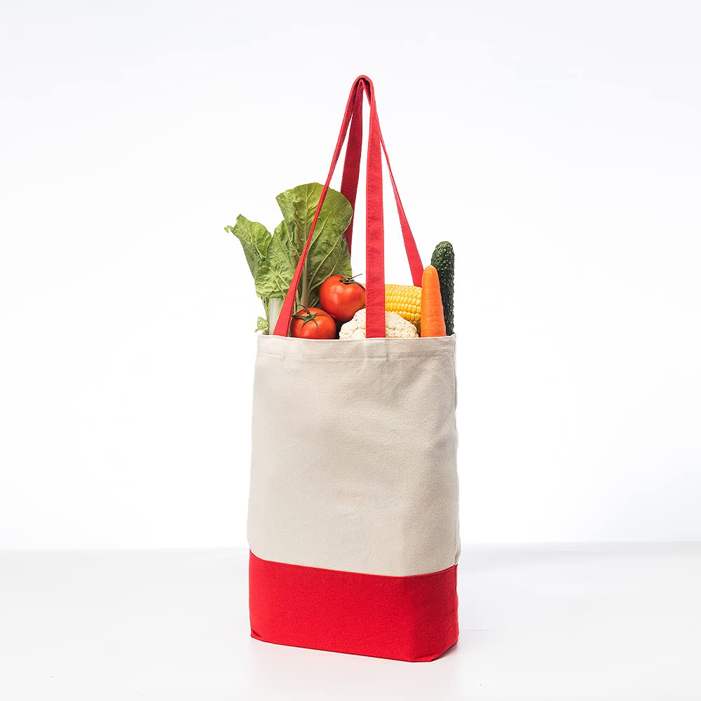 Azuca Heavy Duty 12 oz Cotton Canvas Tote Bag with Bottom Gusset - 17x14x4 Inches Grocery Shopping, Beach & Reusable Shopping Bags (6 Pack, Red) - Perfect for Farmers Market, Picnics & Eco-Friendly Shopping