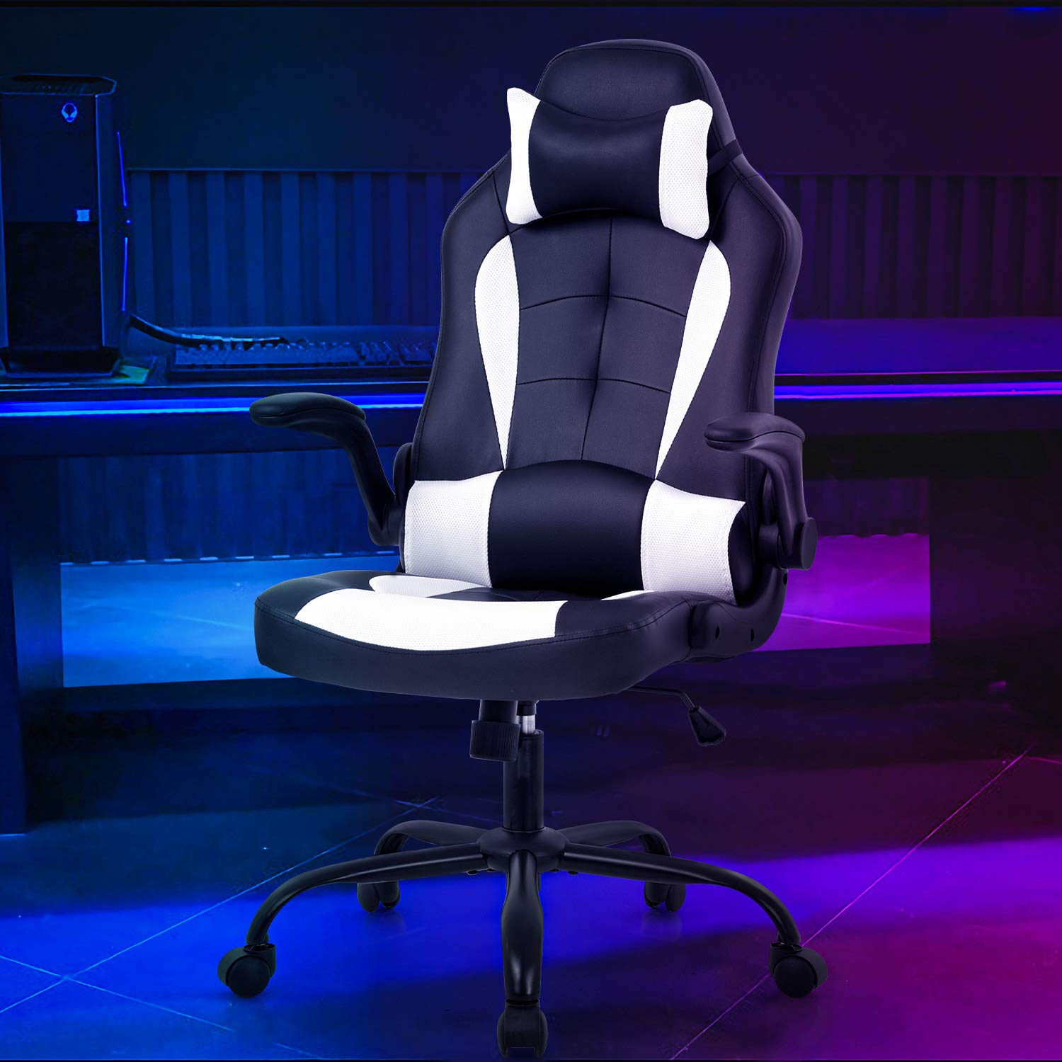 Premium Gaming Chair - Ergonomic Racing Style High Back Office Chair with Lumbar Support & Headrest, PU Leather Executive Swivel Computer Desk Chair for Home & Work (White) - Perfect for Gamers, Streamers & Remote Workers
