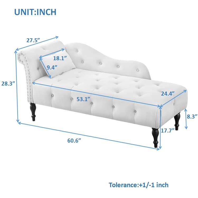 Luxury Velvet Chaise Lounge Sofa Bed - Modern Tufted Button & Nailhead Trim Design with Rolled Left Armrest & Pillow - Perfect for Bedroom, Living Room & Home Office (White)