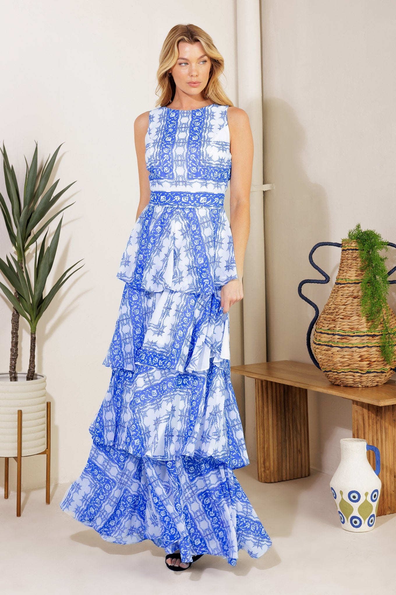 Blue & White Tiered Maxi Dress - Flowy Summer Beach Dress for Women | Boho Chic Style, Perfect for Vacations, Weddings & Outdoor Events