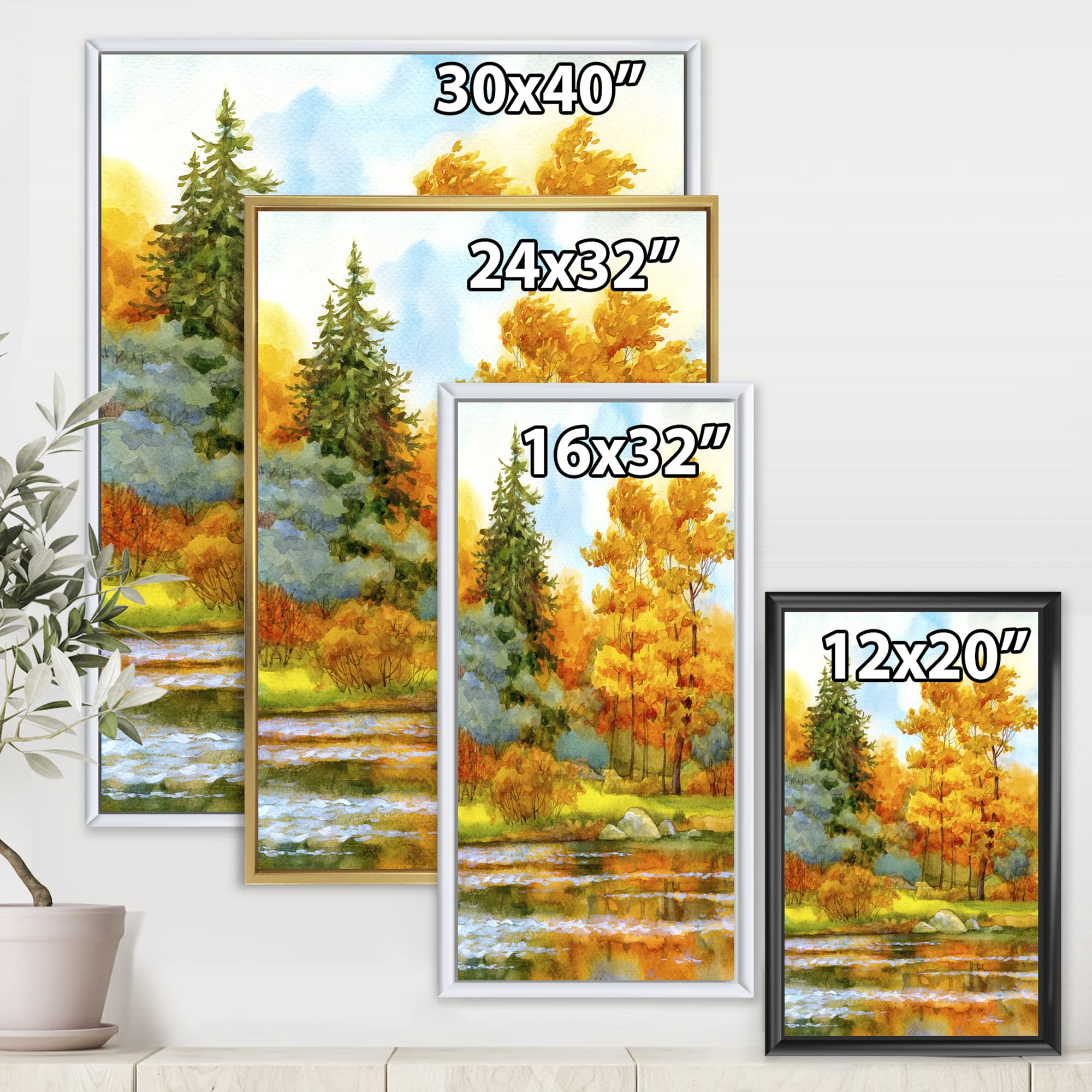 DesignQ Autumn Forest Lakeside Landscape - Framed Canvas Wall Art Print for Living Room, Bedroom & Office Decor