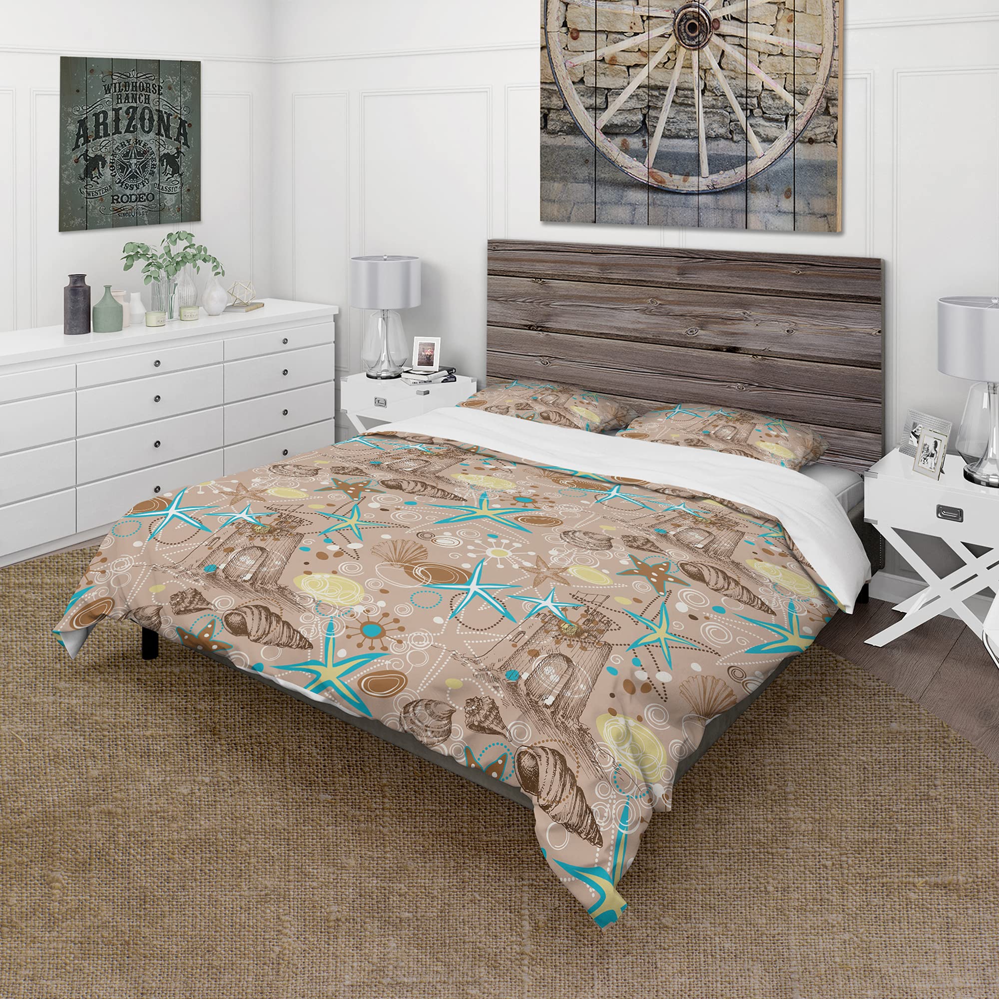 DesignQ Coastal Duvet Cover Set with Shells and Sea Stars - Beach Themed Bedding for Summer Decor, Guest Room Makeover & Seaside Vacation Homes