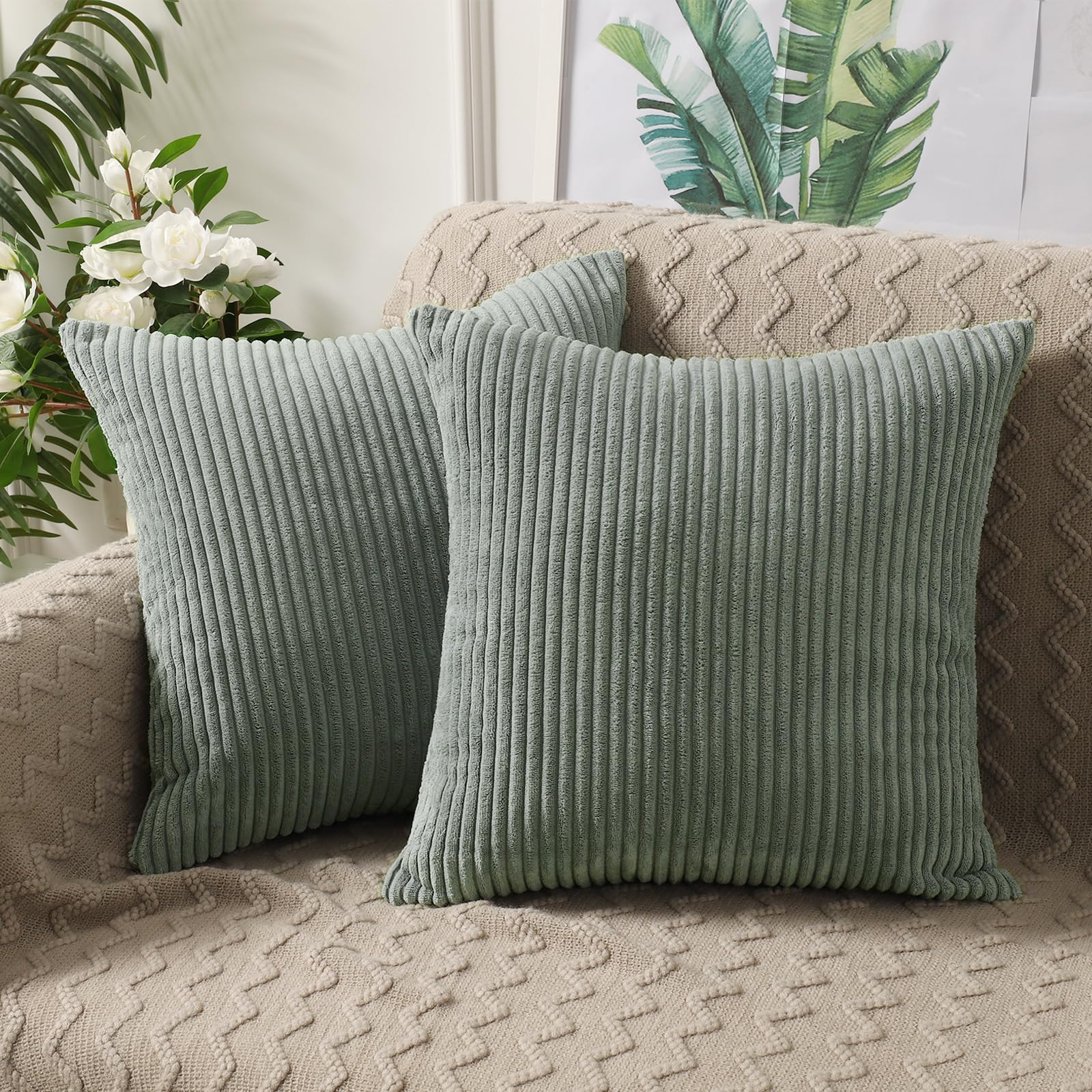 BeBen 16x16 Inch Corduroy Throw Pillow Covers Set of 2 - Soft Decorative Square Cushion Cases for Couch, Sofa, Bed & Car - Green Blue Home Decor | Perfect for Living Room, Bedroom & Office Accents