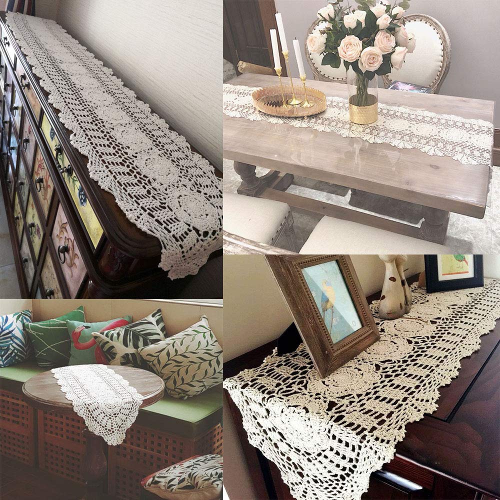 KEPSWET 100% Cotton Handmade Crochet Lace Oval Table Runner - 12x72 Inch - Elegant Dining Table Decor for Weddings, Coffee Tables & Home Decor