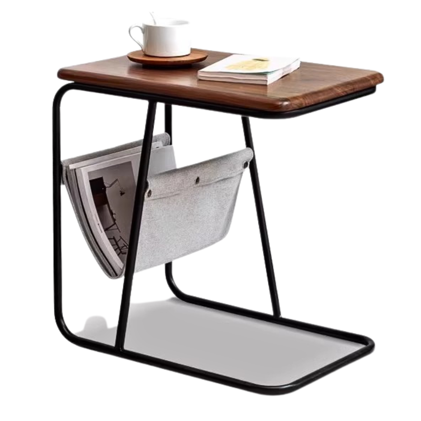 Premium Black Walnut & Oak Solid Wood C-Shaped Iron Side Table - Rustic End Table for Living Room, Bedroom, or Office Decor
