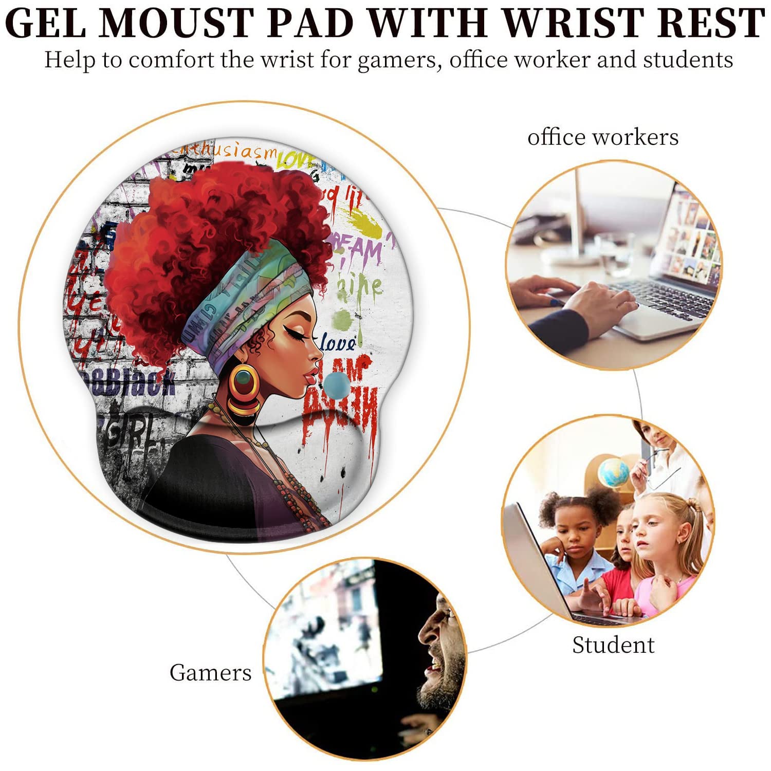 Ergonomic Mouse Pad with Wrist Support Gel - Comfortable Office & Gaming Mouse Mat for Pain Relief, Typing & Work - Includes Bonus Coaster - Perfect for Home Office, PC Gaming & Computer Workstations (African Black Woman Design)
