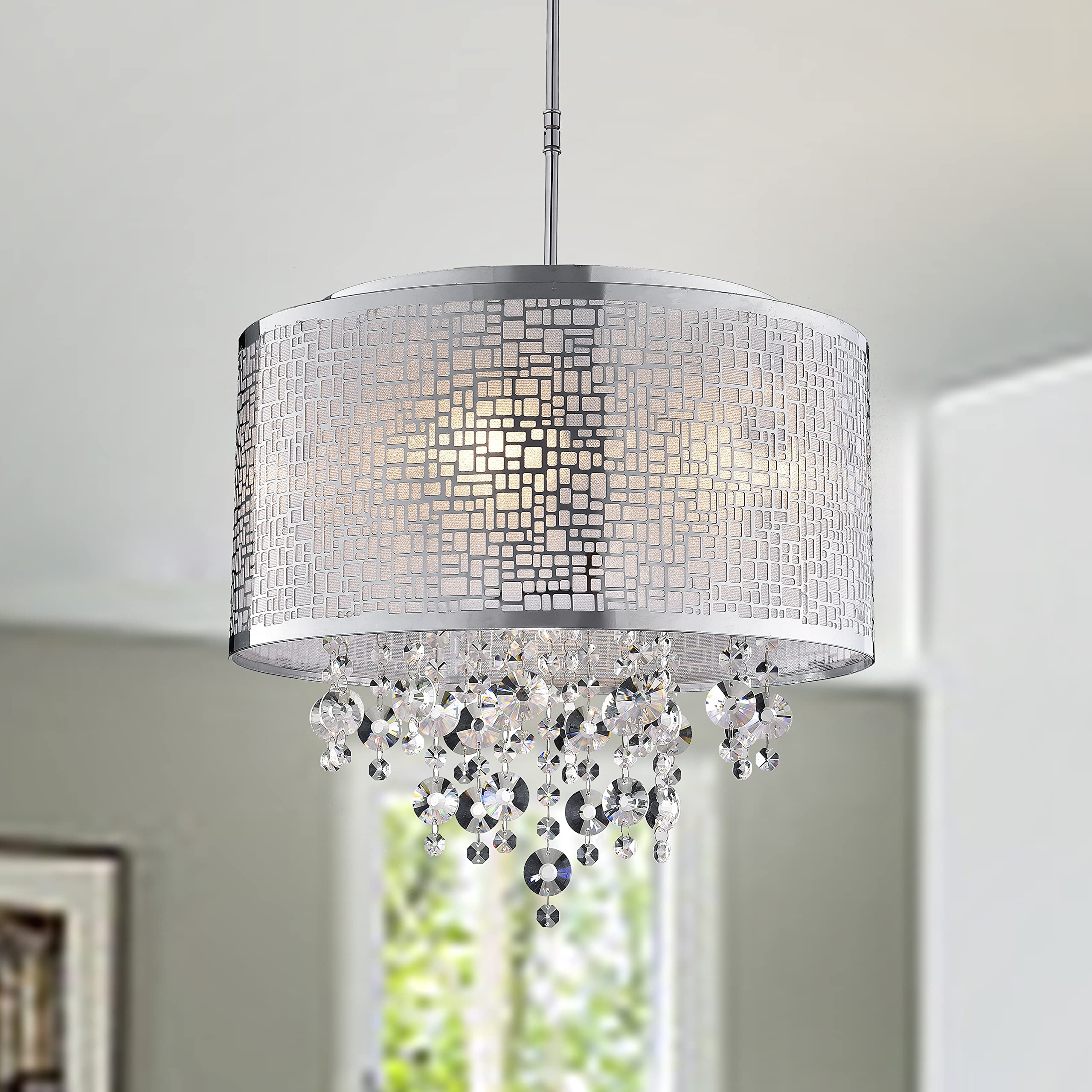 Elegant Iris 4-Light Metal & Crystal Drum Chandelier - Modern Ceiling Lighting Fixture for Dining Room, Bedroom, or Living Room Decor
