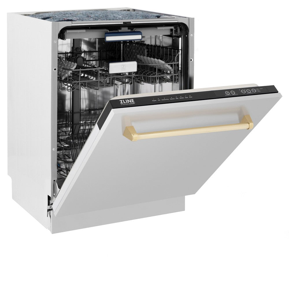 ZLINE Autograph Edition 24 Inch Stainless Steel Dishwasher with Polished Gold Handle - 3rd Rack, Top Control, Tall Tub Design, Ultra Quiet 51dBa (DWVZ 304 24 G) - Perfect for Modern Kitchens and Open-Concept Homes