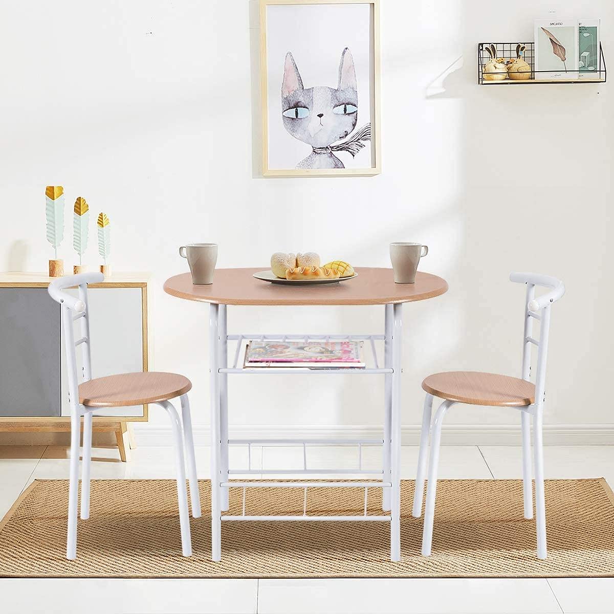 BANGTANE 3-Piece Dining Table Set for 2 - Small Kitchen Table with 2 Chairs, Wine Rack & Storage | Metal Frame, Curved Backrests | Perfect for Dining Room, Balcony, Garden, Apartment, or Small Space (Natural Finish)