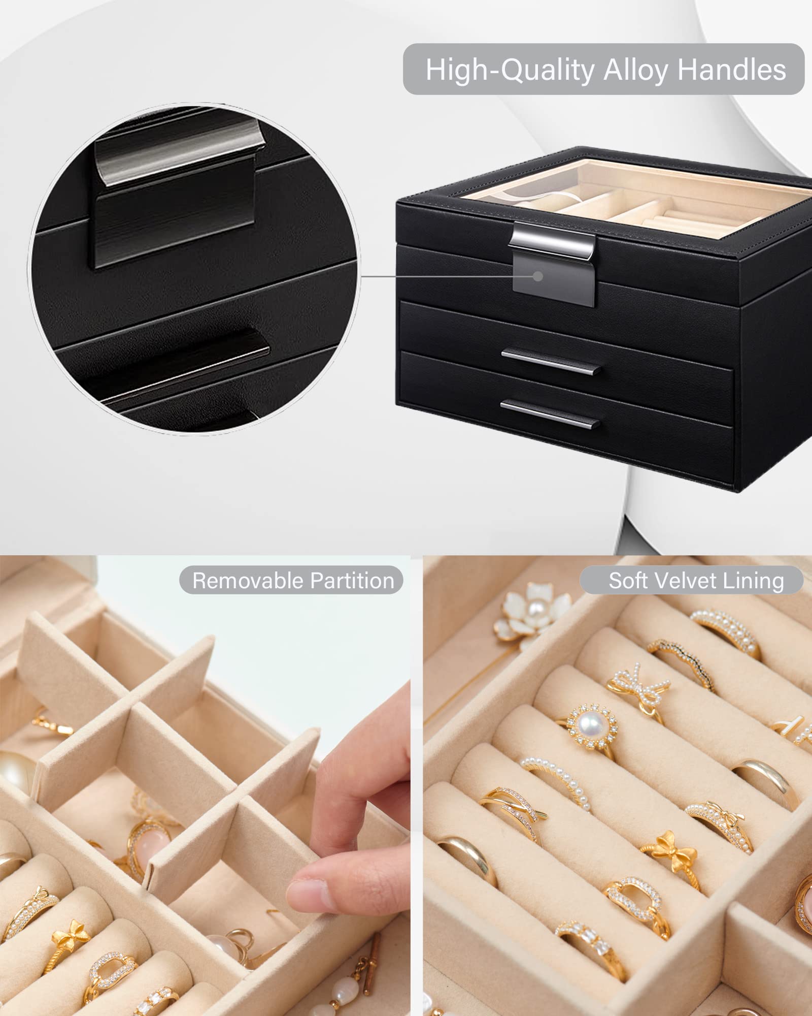 3-Layer Large Jewelry Organizer Box with Clear Top - Earrings, Rings & Necklace Storage for Women | Modern Gift for Women, Girls & Mom | Perfect for Birthday, Wedding & Travel Accessories Organization (Black)