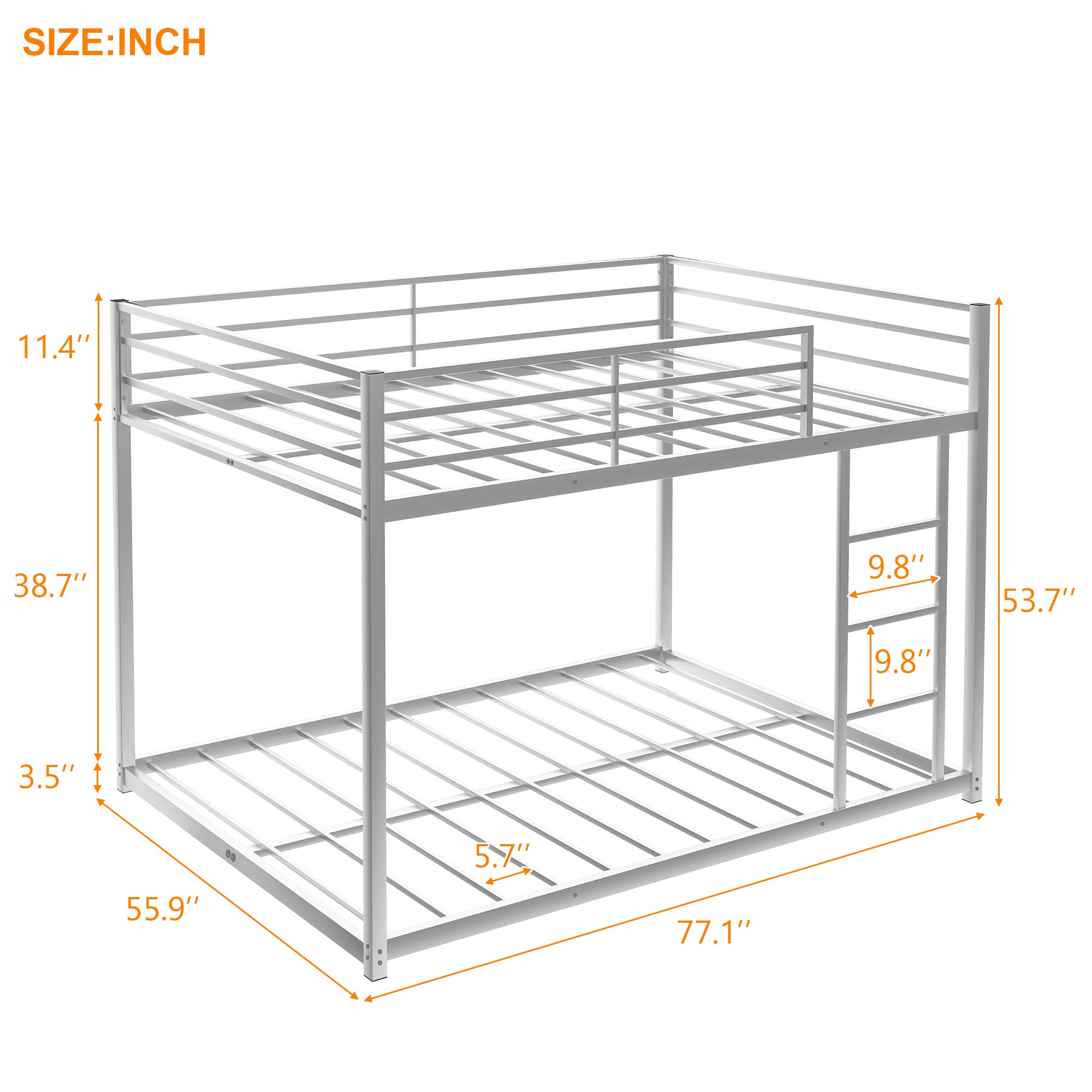 Rhomtree Full Over Full Metal Low Bunk Bed with Ladder - Heavy Duty Space-Saving Bed Frame with Safety Guard Rails for Kids, Teens & Adults - Perfect for Small Bedrooms, Dorms & Guest Rooms (Silver)