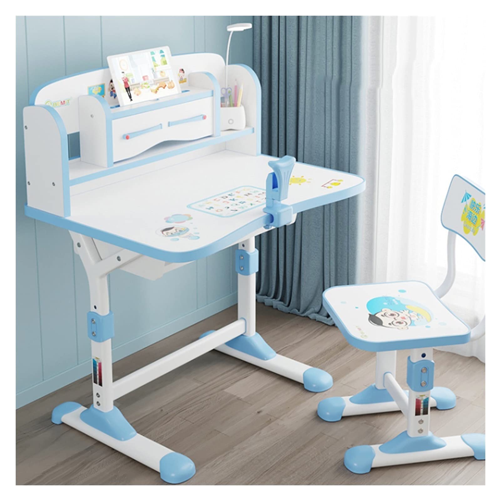 Adjustable Height Study Desk and Chair Set for Kids - Blue Liftable Writing Table for Primary School Students, Home Office & Learning - Perfect for Homework, Online Classes & Small Spaces