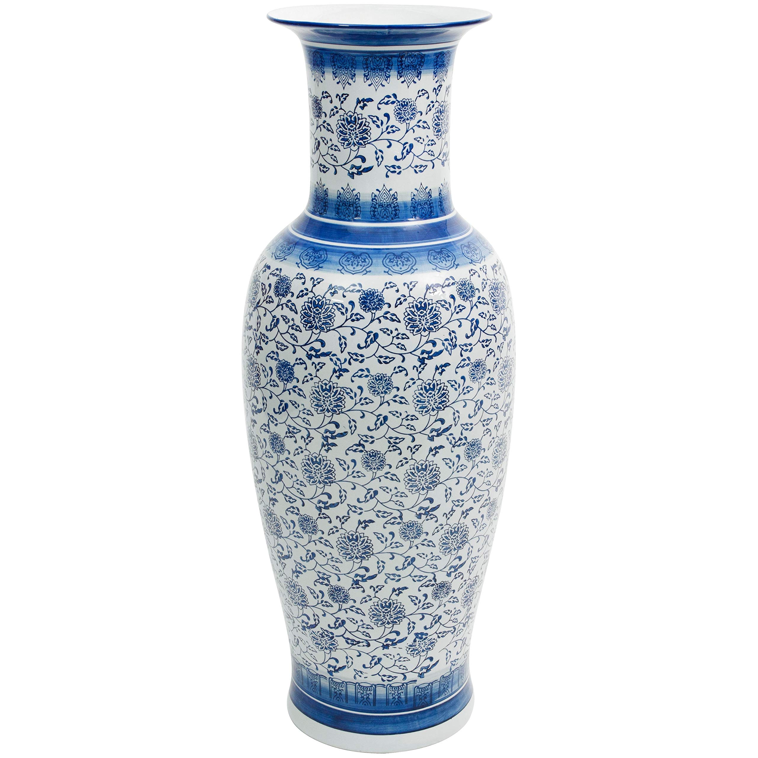 Handmade 36 Inch Blue and White Porcelain Chi Vase - Floral Decorative Ceramic Vase for Home Decor, Wedding Centerpiece & Asian-Inspired Interior Design