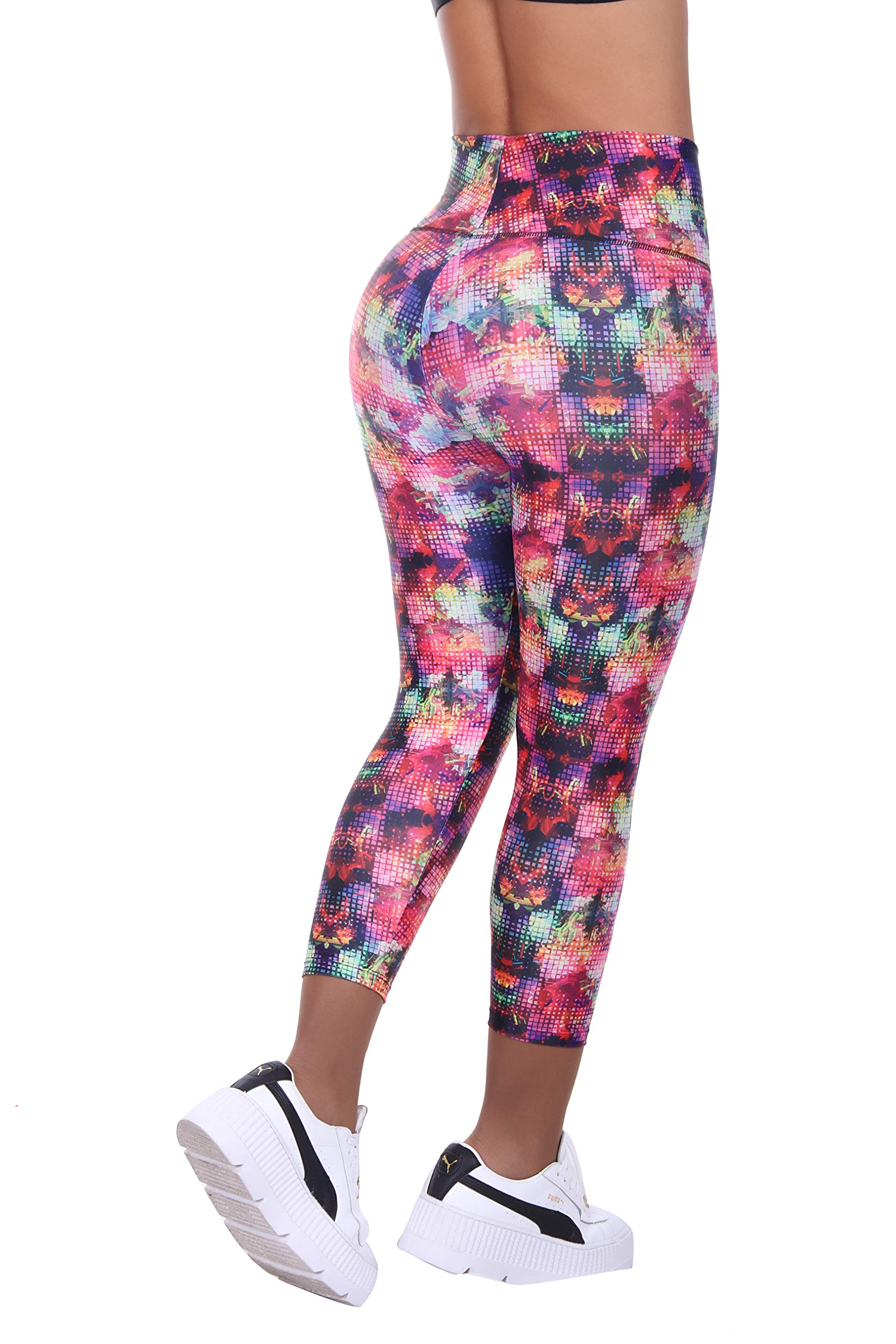 Women's High Waisted Capri Leggings - Pink & Purple Floral Print with Built-in Body Shaper & Butt Lifting - Tummy Control Workout Yoga Pants for Gym, Running & Casual Wear
