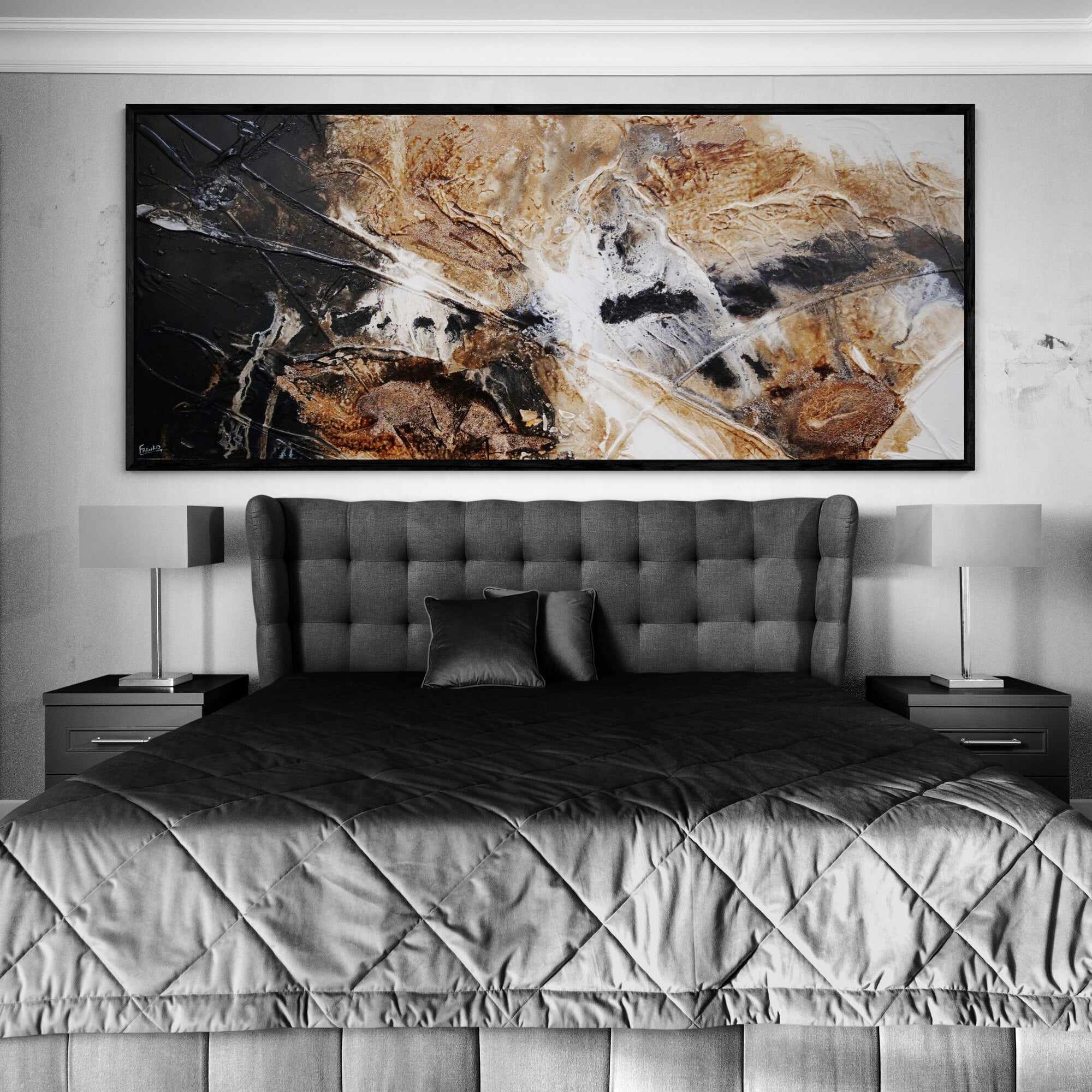 Rust Black White Textured Abstract Honeycomb Ascent Painting 94.5 x 39.4 Inch - Modern Wall Art for Living Room, Bedroom & Office Decor