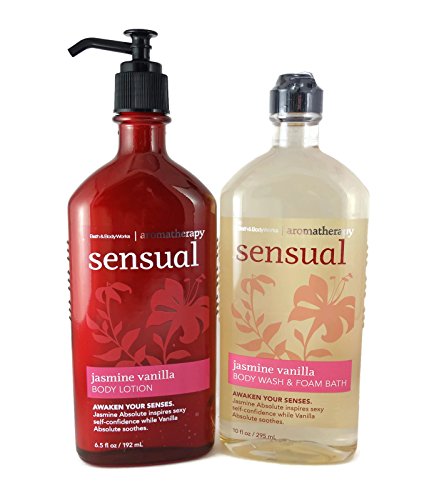 Bath and Body Works Aromatherapy Sensual Jasmine Vanilla Body Wash & Foam Bath 10oz + Body Lotion 6.5oz Bundle Set - Relaxing Scent for Stress Relief, Bath Time & Self Care Routine