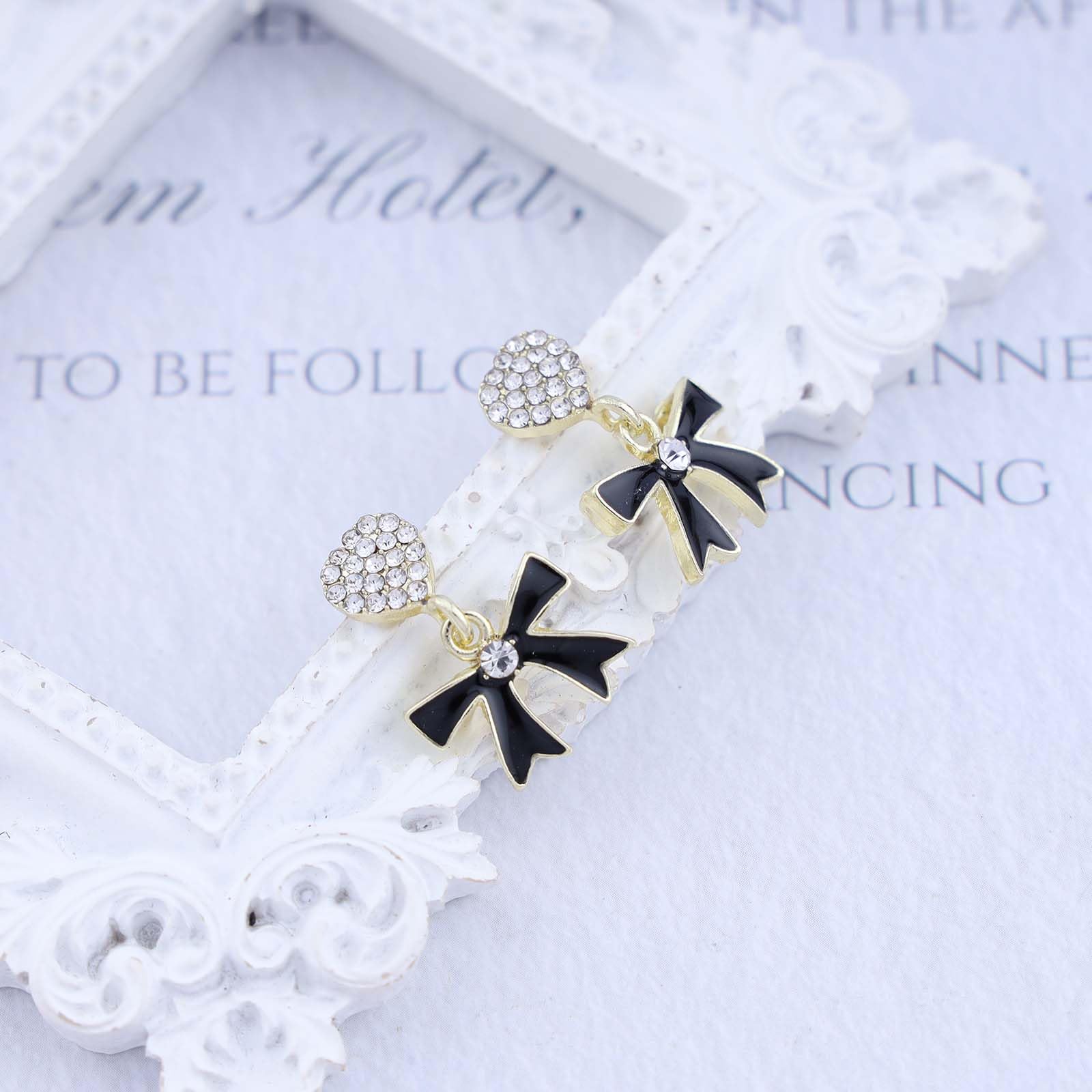 Bohemian Crystal Heart Bow Dangle Earrings - Black Enamel Drop Earrings with Gold CZ & Rhinestone Accents for Women & Girls | Perfect for Parties, Weddings & Gift Giving