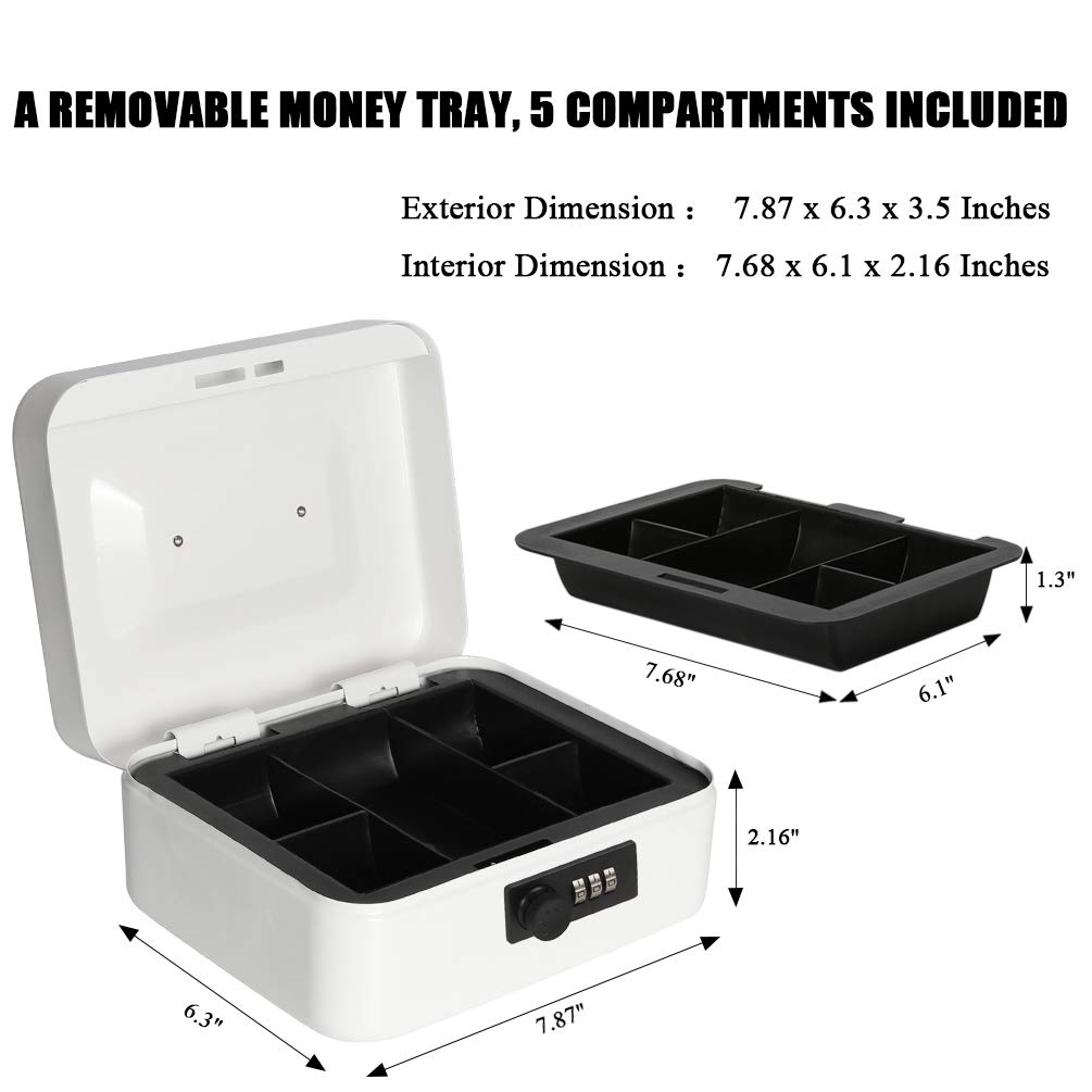 Jssmst Medium Cash Box with Combination Lock - Heavy Duty Metal Money Storage Box with Removable Tray (7.87 x 6.3 x 3.35 inches) - Perfect for Small Business, Home Office, Retail Store & Cash Handling Security