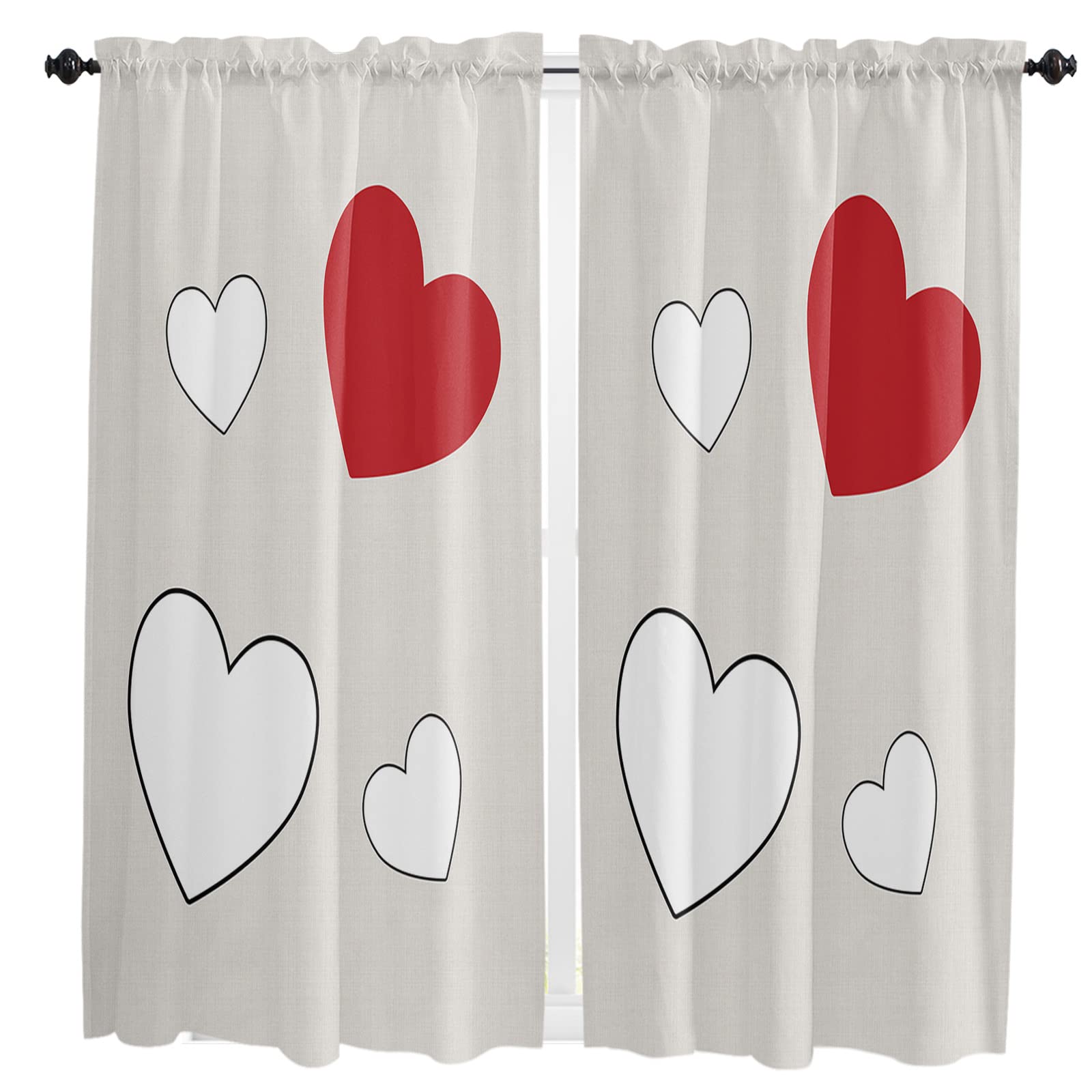 Valentine's Day Kitchen Curtains 63 Inch Length - Red & White Heart Print on Beige Background, Rod Pocket Window Drapes for Living Room, Bathroom & Cafe - 2 Panel Set for Half Window Treatment | Perfect for Romantic Decor & Small Space Solutions