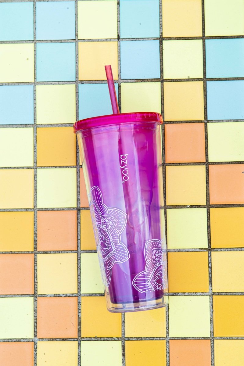 24oz Double Wall Insulated Plastic Tumbler with Lid and Straw - La La Mandala Pink Design | Leakproof Travel Mug for Coffee, Tea & Cold Drinks | BPA-Free Reusable Cup for Office, Gym & Outdoor Activities