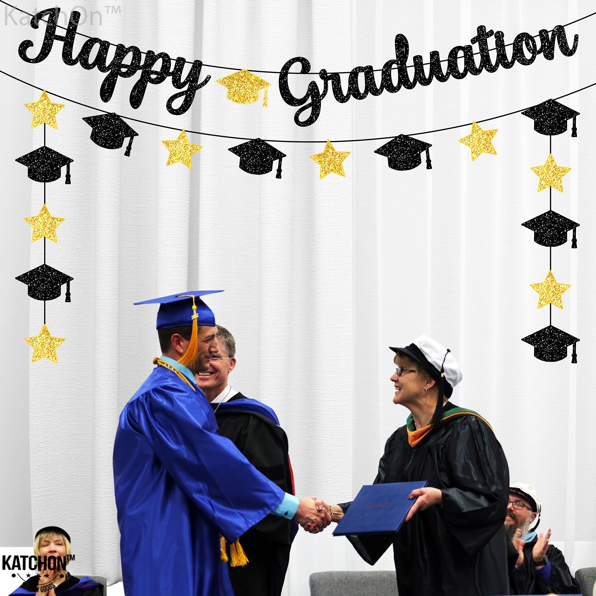 KatchOn Pre-Strung Glitter Graduation Banner - Black & Gold Class of 2025 Decor | No DIY Ready-to-Hang Sign for Graduation Parties, School Events & Home Decorations