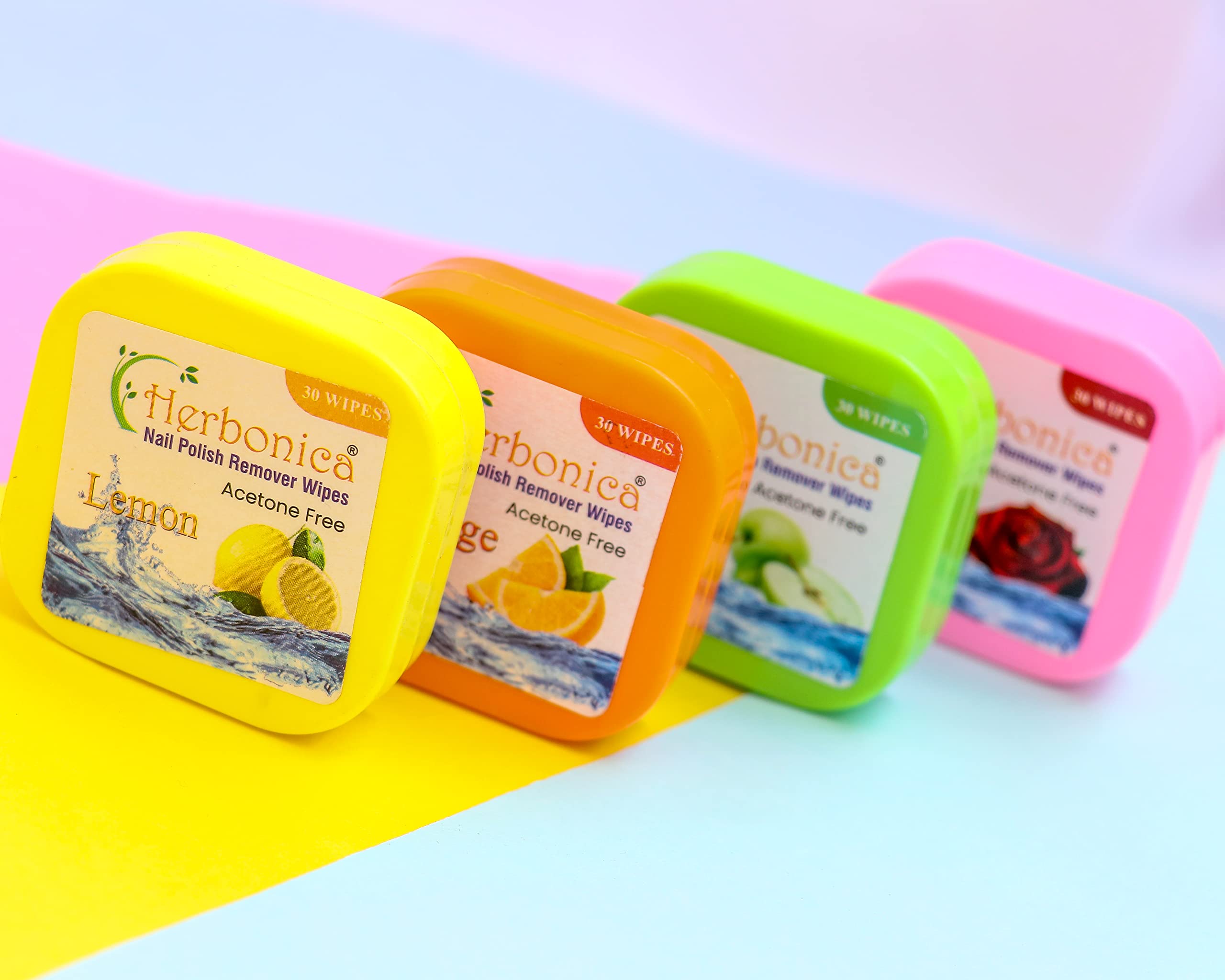 Herbonica Nail Polish Remover Wipes - 120 Pads (4 x 30 Count) with Rose, Orange, Lemon & Green Apple Scents | Gentle Acetone-Free Nail Cleaner for Manicures, Travel & On-The-Go Use