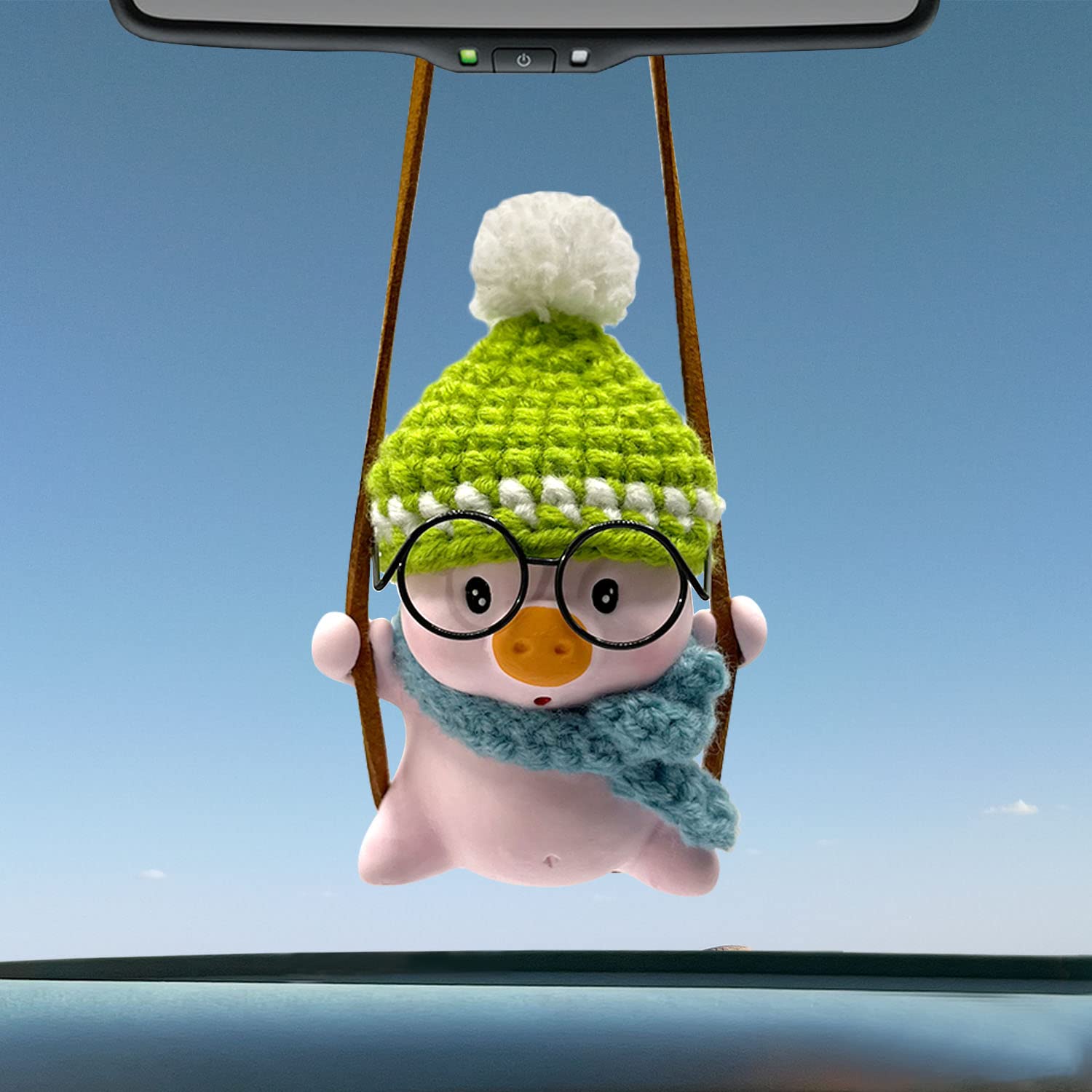 Cute Crochet Swinging Pig Car Hanging Ornament - Green Rear View Mirror Accessories for Women & Men | Fun Car Decor Pendant for Mirror & Dashboard