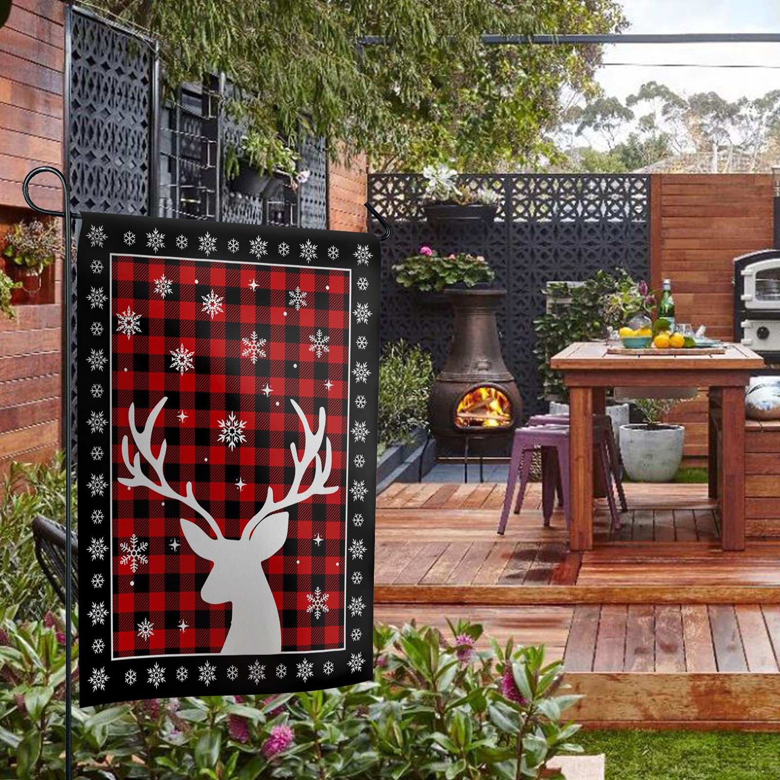 Double Sided Christmas Garden Flag - Merry Holiday Elk Design with Snowflakes & Buffalo Plaid - Outdoor Yard Decoration for Winter, Front Porch, Lawn & Home Welcome Banner