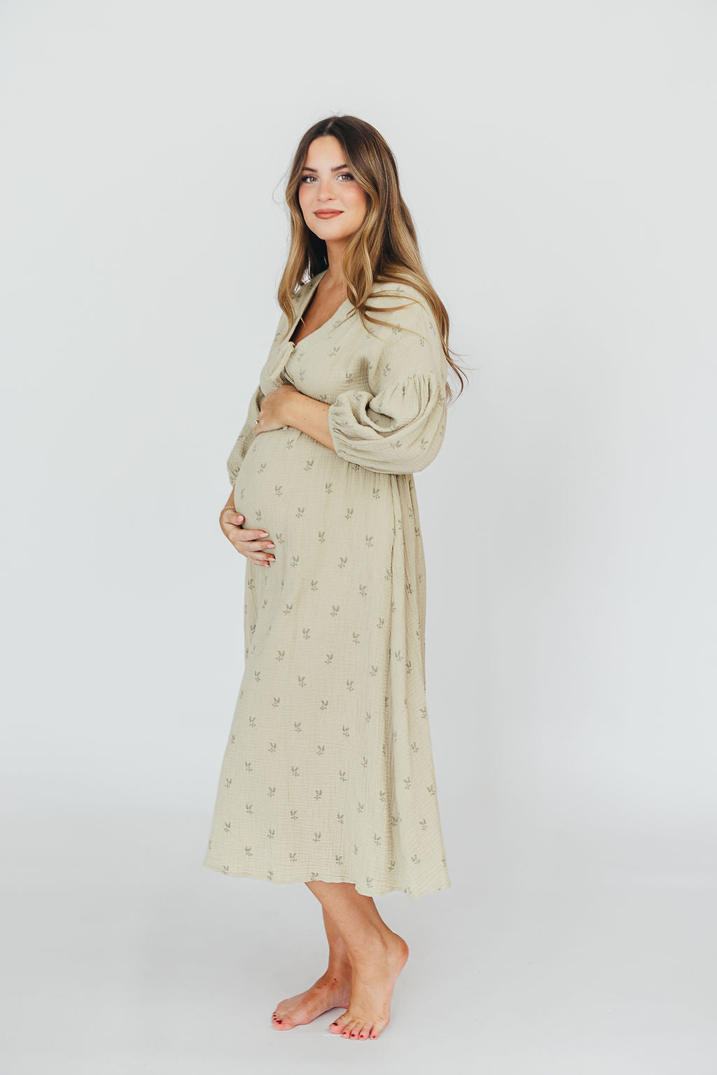 Hunter 100% Cotton Gauze Midi Dress in Thyme/Sage Foliage - Bump Friendly & Inclusive Sizing (XS-3XL) | Breathable Summer Dress for Maternity, Beach, and Casual Wear