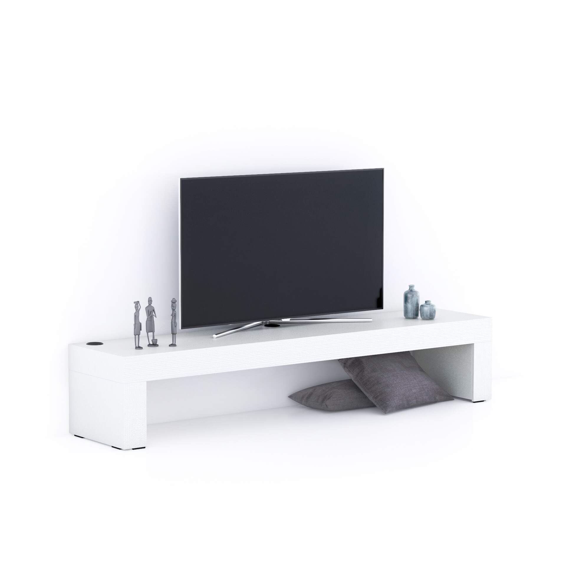 Modern White TV Stand with Wireless Charger | 180x40cm Evolution TV Stand | Italian Made Furniture for Living Room & Bedroom | Stylish Media Console with Cord Management