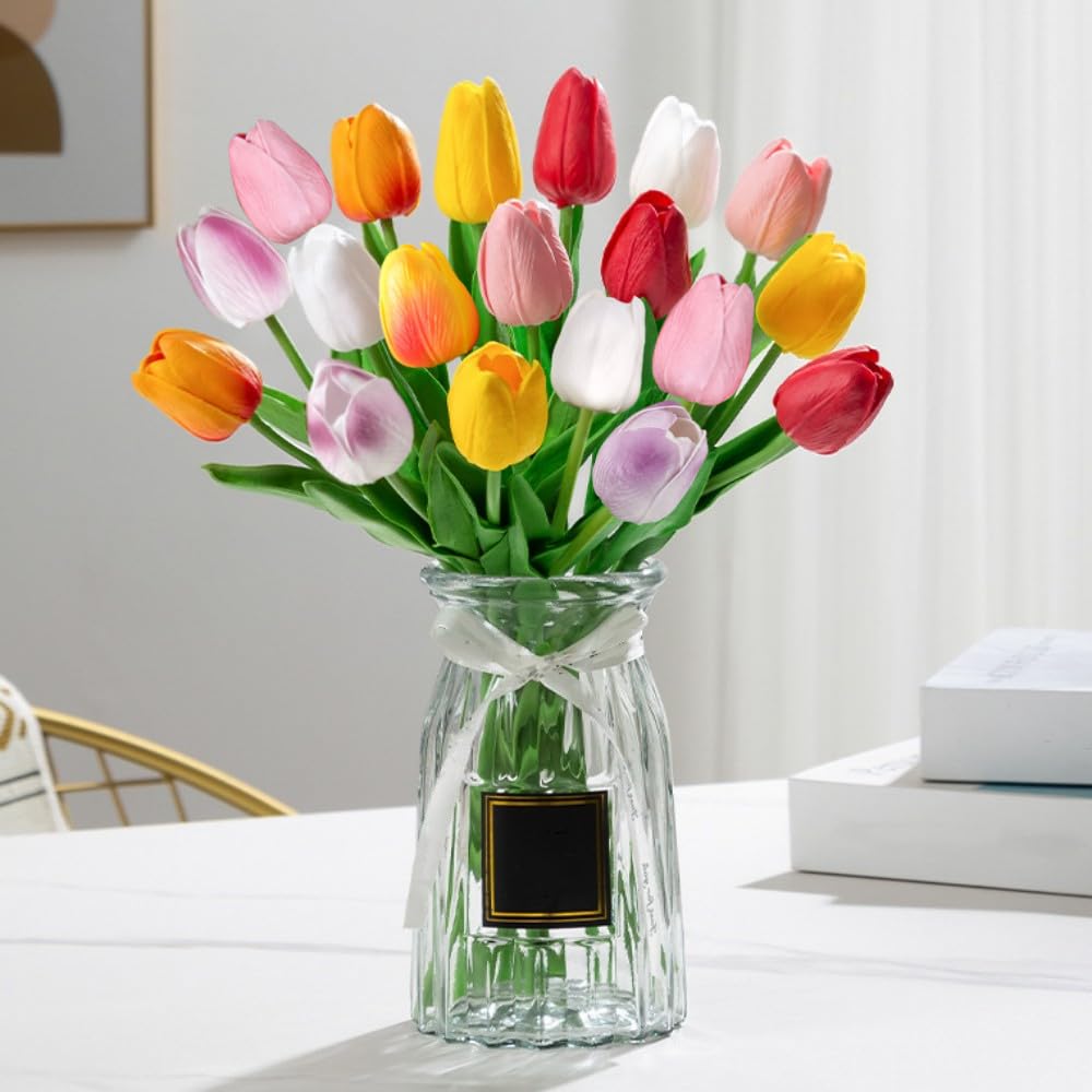 12Pcs Real Touch Artificial Tulips - Lifelike PU Flower Bouquets for Home Decor, Wedding Centerpieces & Party Arrangements (Colorful) - Perfect for Spring Decor, Table Centerpieces, and DIY Floral Crafts