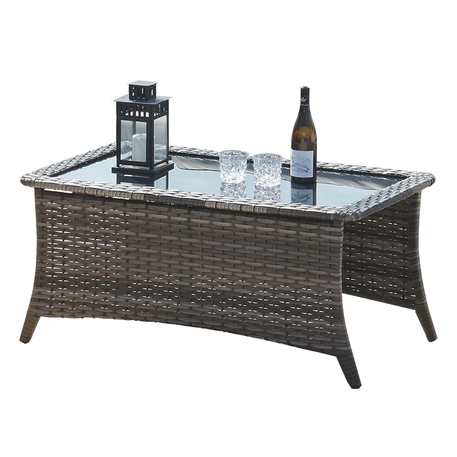 HUMMUH Outdoor Coffee Table - Rattan PE Wicker Patio Side Table with Black Glass Top, Rectangle Sofa Table in Grey - Perfect for Garden, Balcony, and Poolside Relaxation
