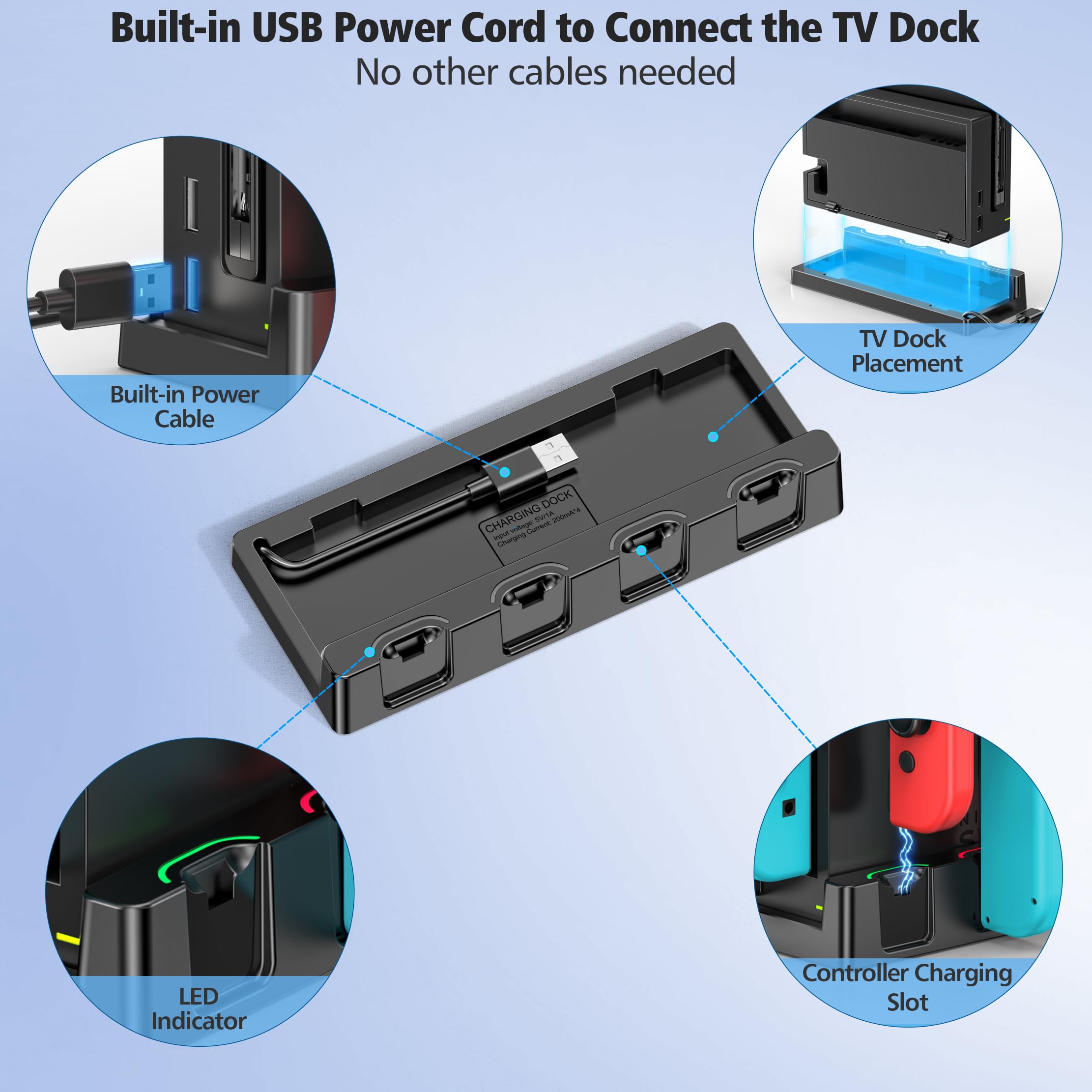 Nintendo Switch & Switch OLED Charging Dock Station with Cable - Joycon Controller Charger for Nintendo Switch - Perfect Gaming Accessories for Home & Travel Use