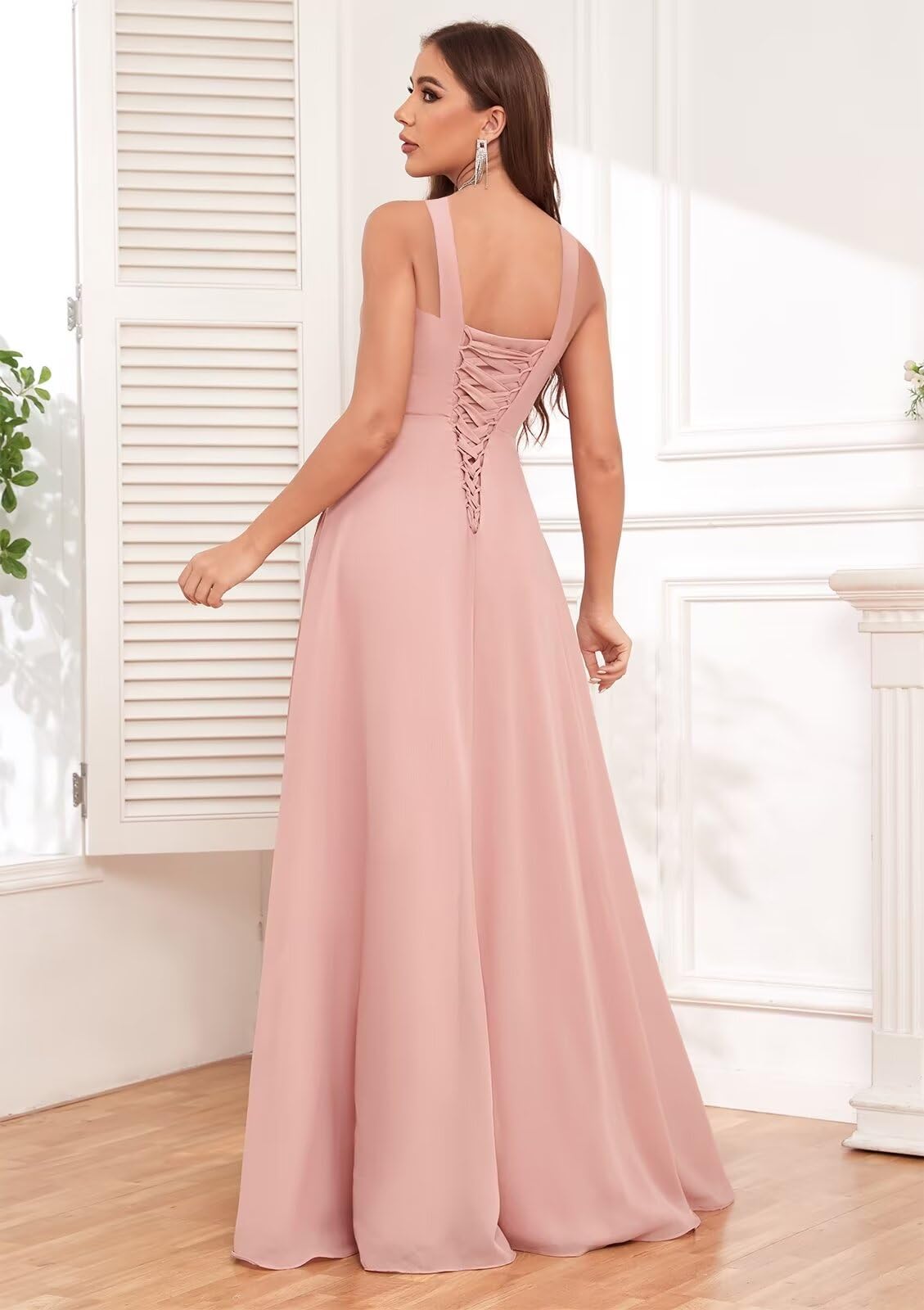Elegant Square Neck Long Chiffon Bridesmaid Dress with Ruffle High-Low Hem - Formal Evening Gown for Women | Perfect for Weddings, Prom & Special Occasions