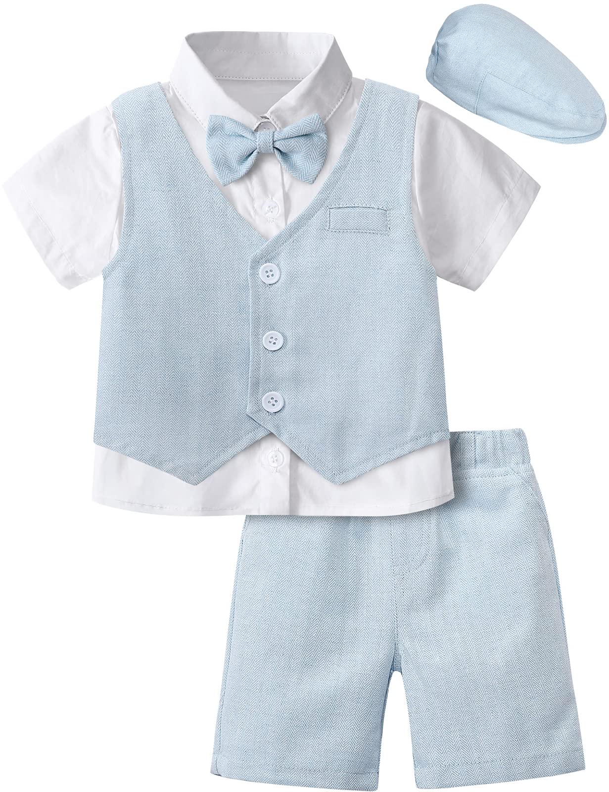 A&J DESIGN Baby & Toddler Boys Suit Set - 4 Piece Outfit with Shirt, Shorts, Vest & Hat for Formal Occasions, Photoshoots & Special Events